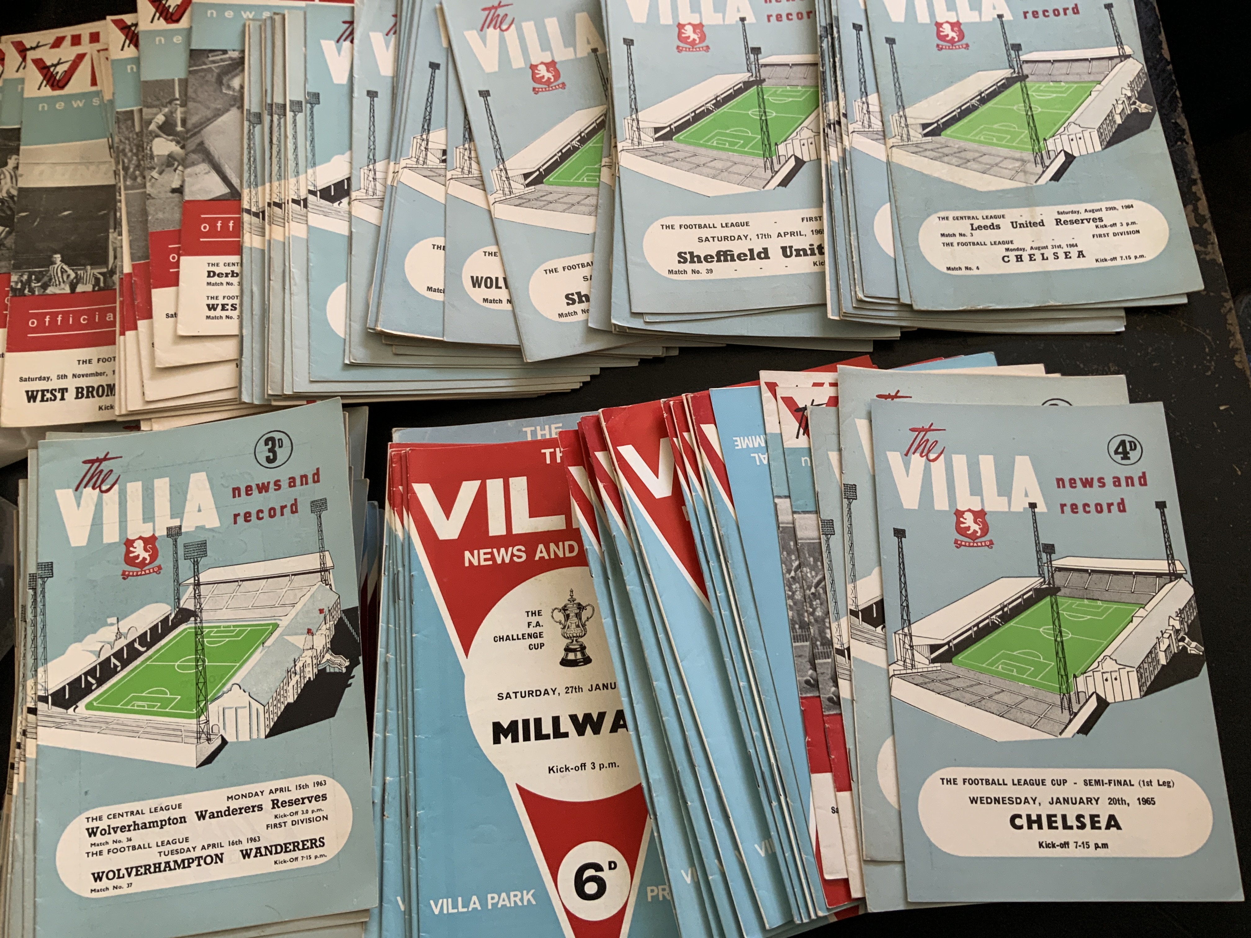 Aston Villa 1960s + 1970s Football Programmes: Nearly 200 spanning the whole 60s decade. Includes League Cup 62/63 v Preston Peterborough, 64/65 Chelsea semi final. C/W 60+ early 70s. Very good with duplication. (est 260)
