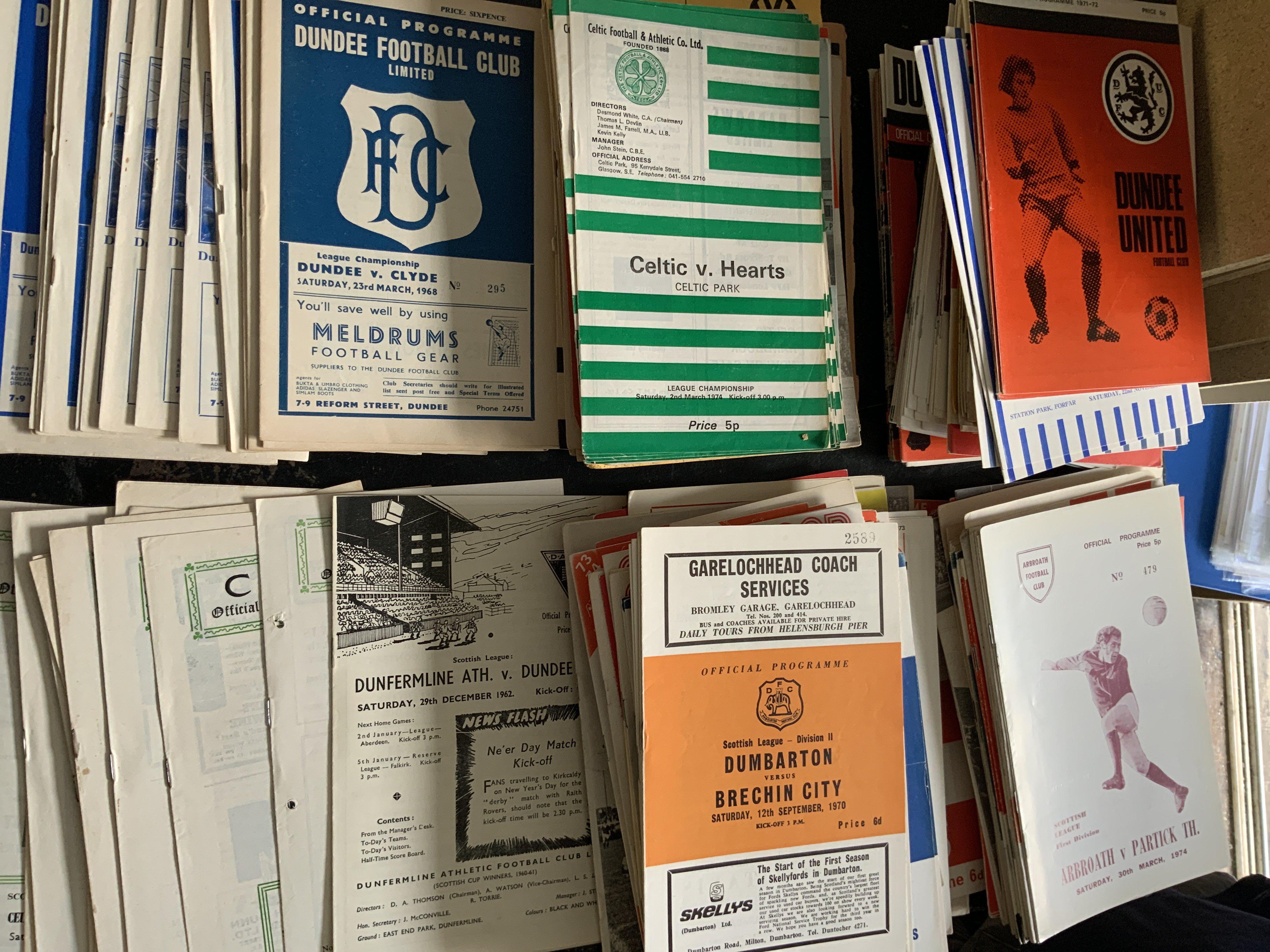 Scottish Football Programmes: Over 80 from the 60s and a further 200+ from the early 70s. Very good with duplication. Good Celtic Dundee Aberdeen and Dundee United content. (est 300+)
