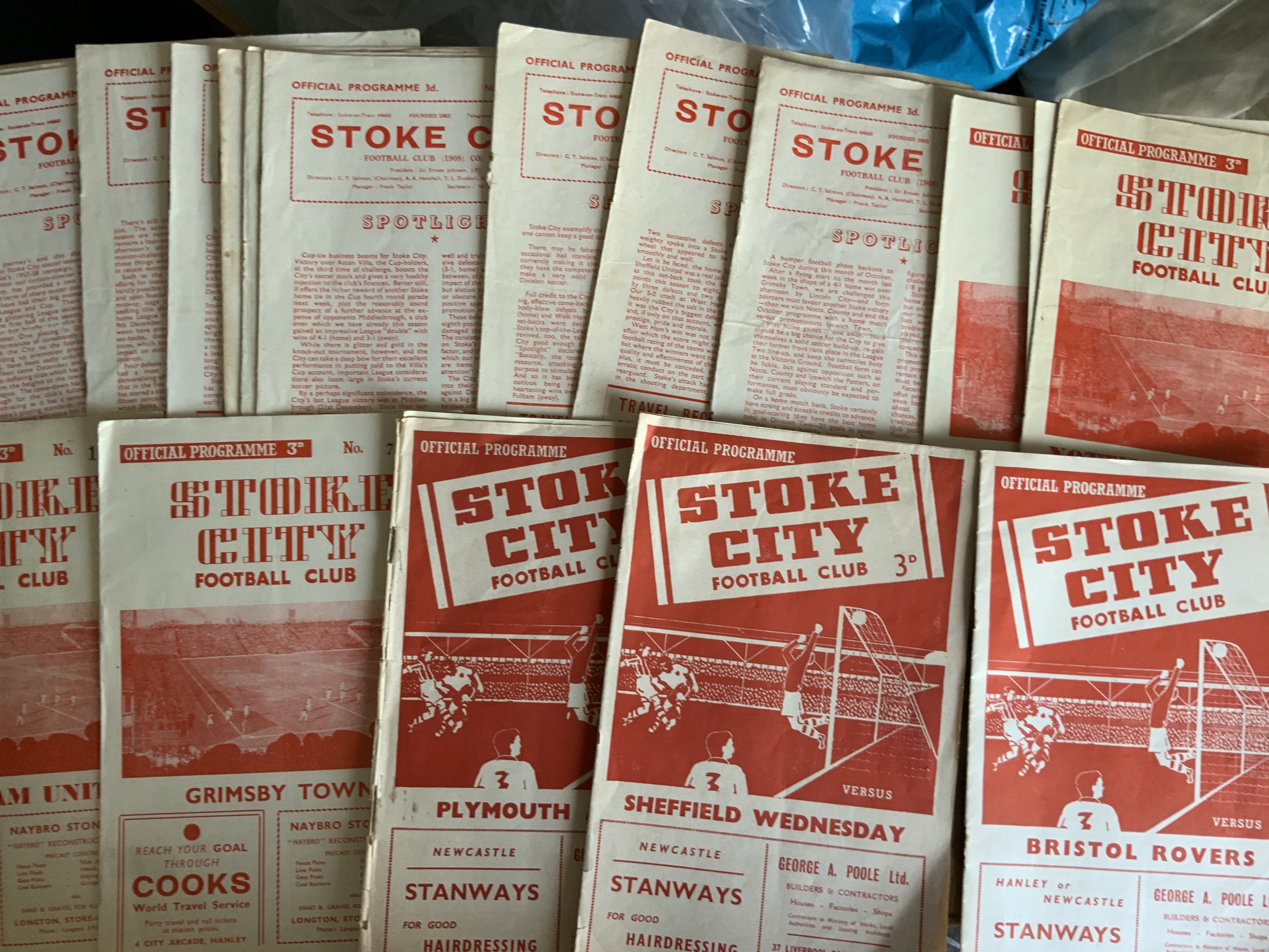 Stoke City Home Football Programmes: 23 from the mid to late 50s and approximately 280 from the 60s plus 50 from the early 70s. Includes 5 seasons sets from the 60s which are possibly complete. Instructions to sell. Very good. (est 350)