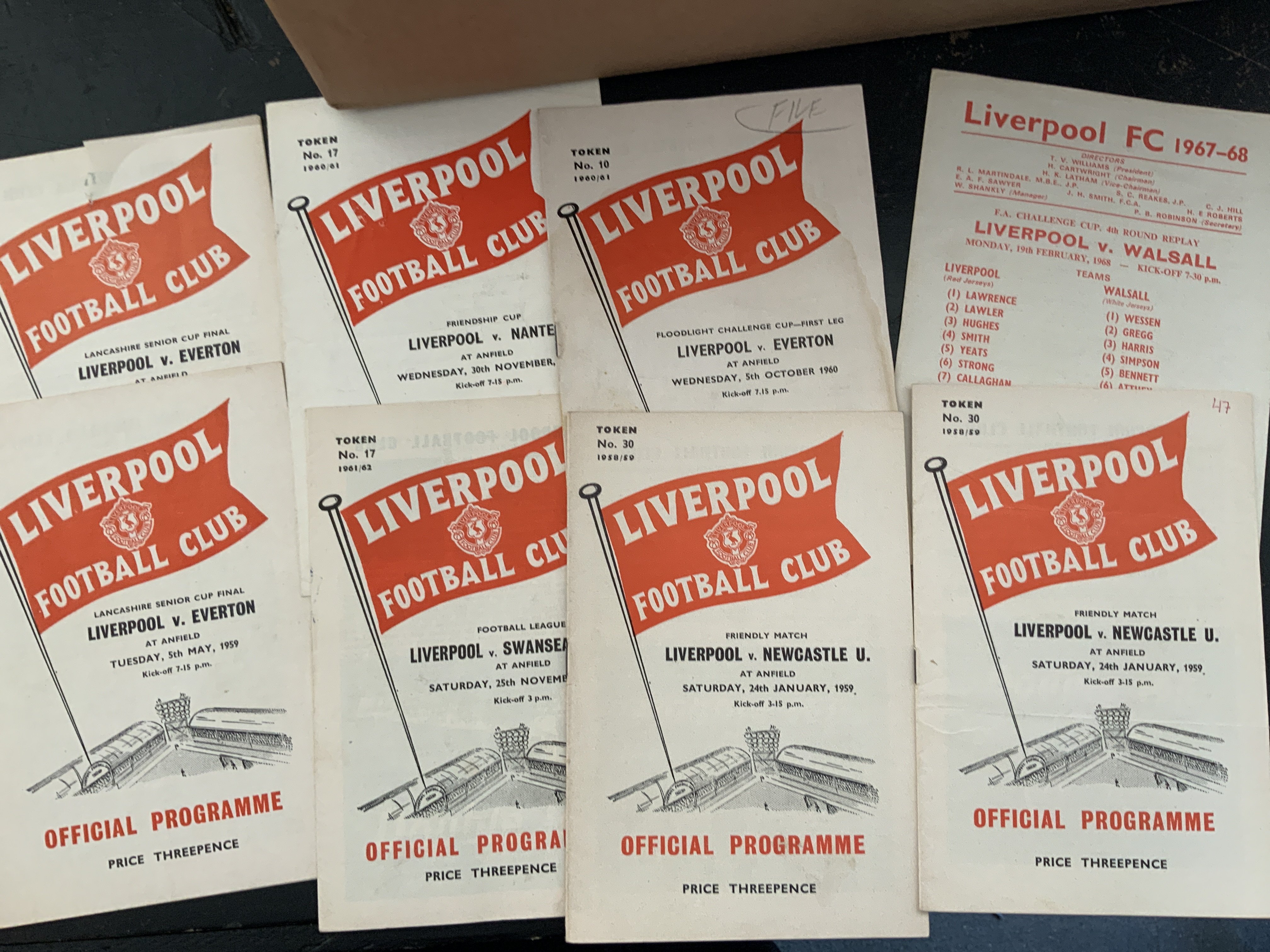 Liverpool 1960s Home Football Programmes: Over 200 spanning the 60s decade plus a quantity of early 70s with European matches. Includes Everton Lancs Senior Cup Final, Newcastle friendly, 60/61 Nantes Friendship Cup. Everton Floodlight Cup. Very good with duplication. (est 250)