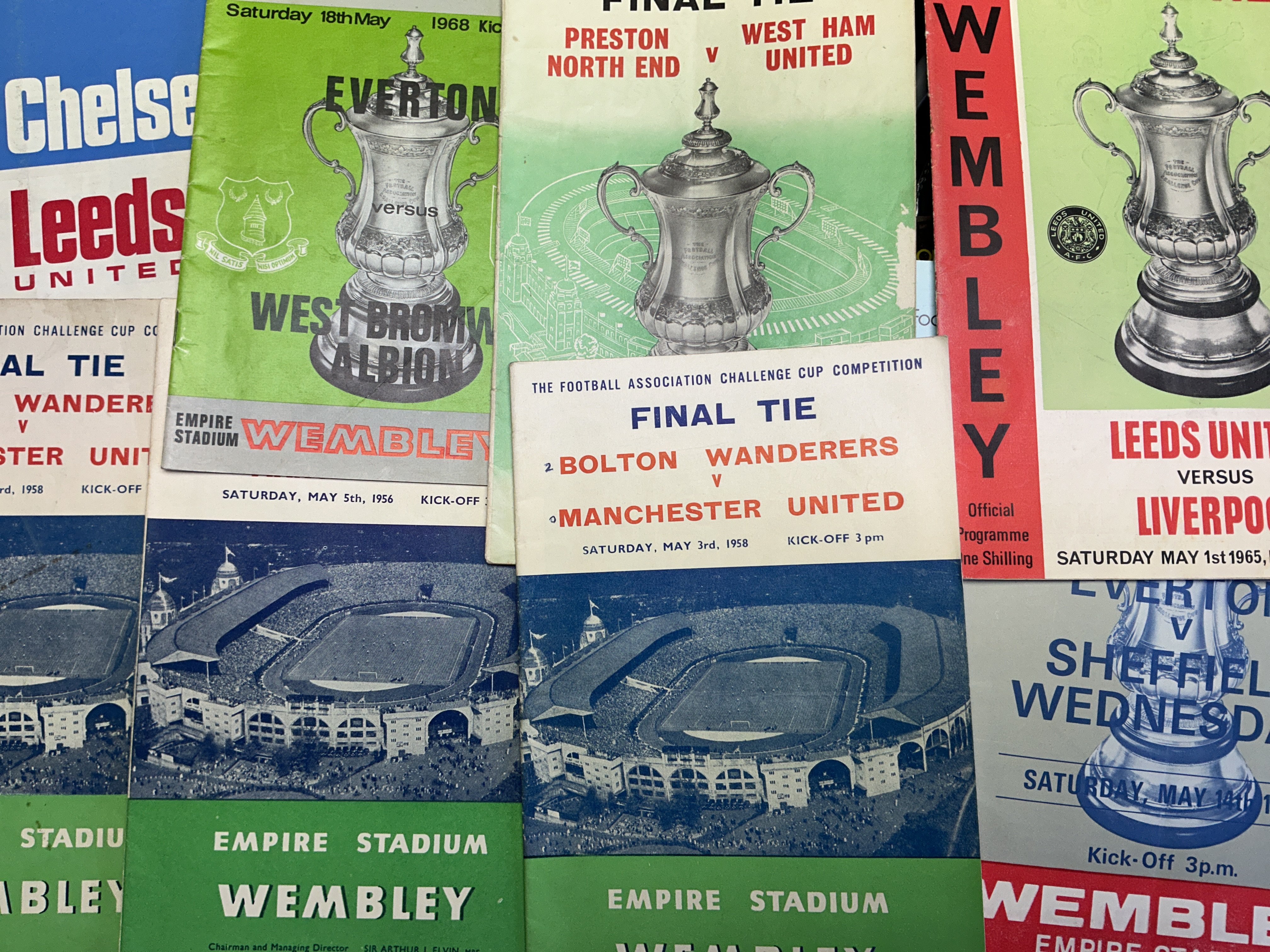 FA Cup Final Football Programmes: Large quantity in excellent condition from 1956 onwards with duplication. More difficult copies all included for example 1991 1996 and replays for 1970 and 1993. (est 140)
