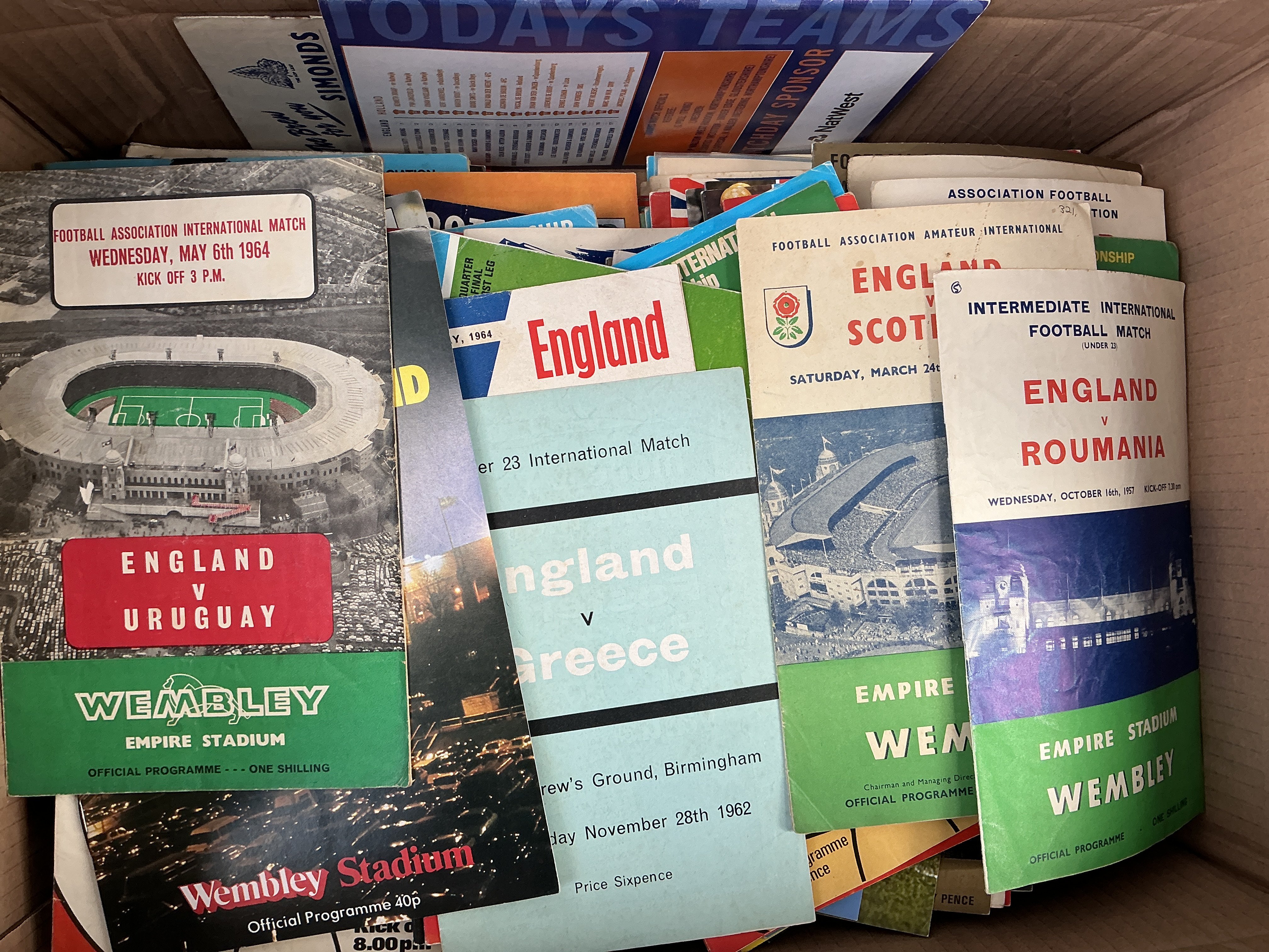 England Home Football Programmes: From the 50s onwards in excellent condition with duplication. Includes Euro 96 and Nigeria Bulgaria etc from a similar era which are harder to obtain. C/W 4 Official England binders used in the 70s and 80s. Many hundreds in 3 boxes.