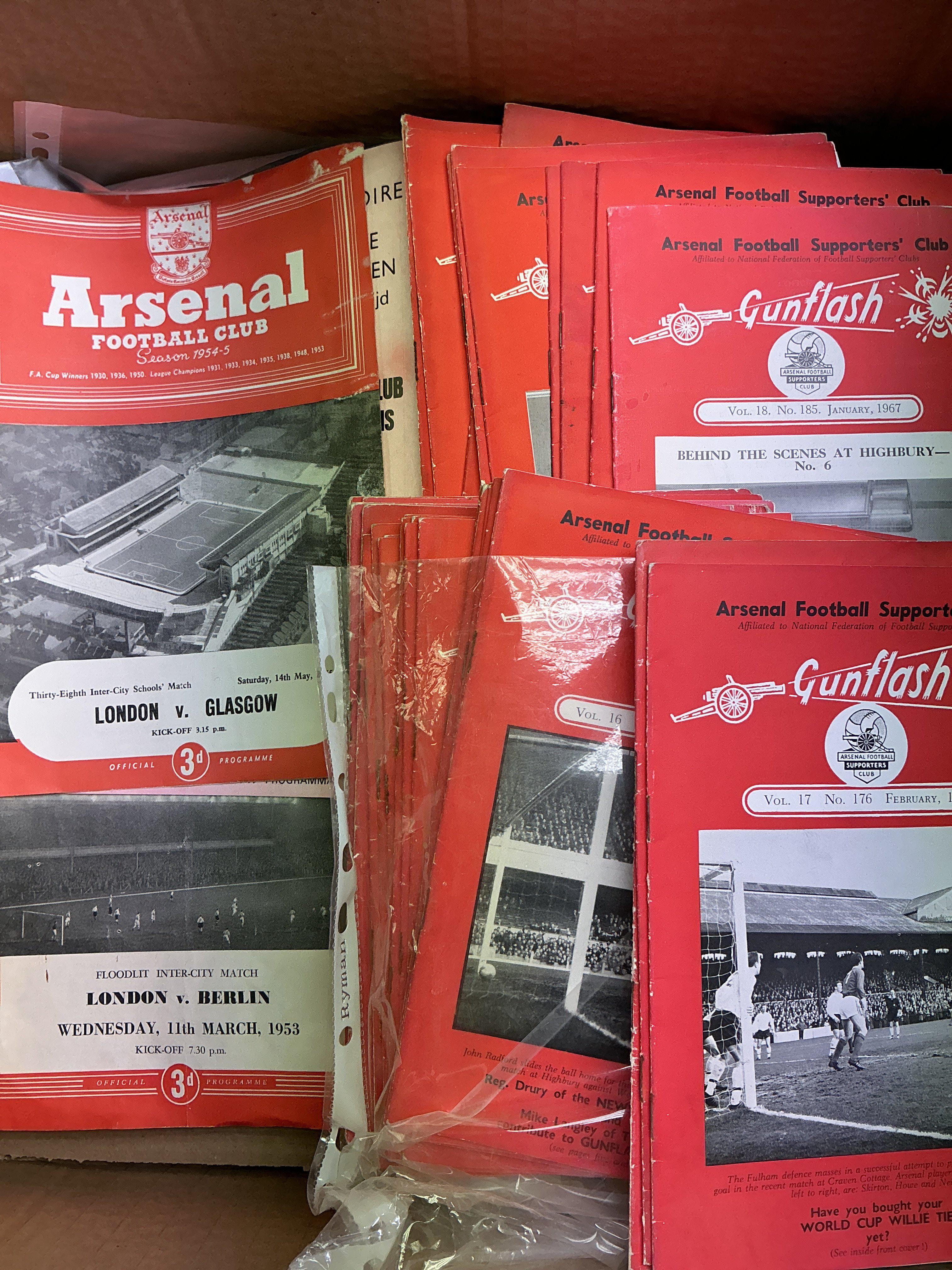 Arsenal + Tottenham Football Programme Box: Arsenal has plenty of Gunflash magazines from the 60s and some programmes of matches at Highbury including 1955 London v Glasgow Schools, 3 different England v Young England, 1953 London v Berlin. Tottenham has some European matches including aways. Instructions to sell. (Box)