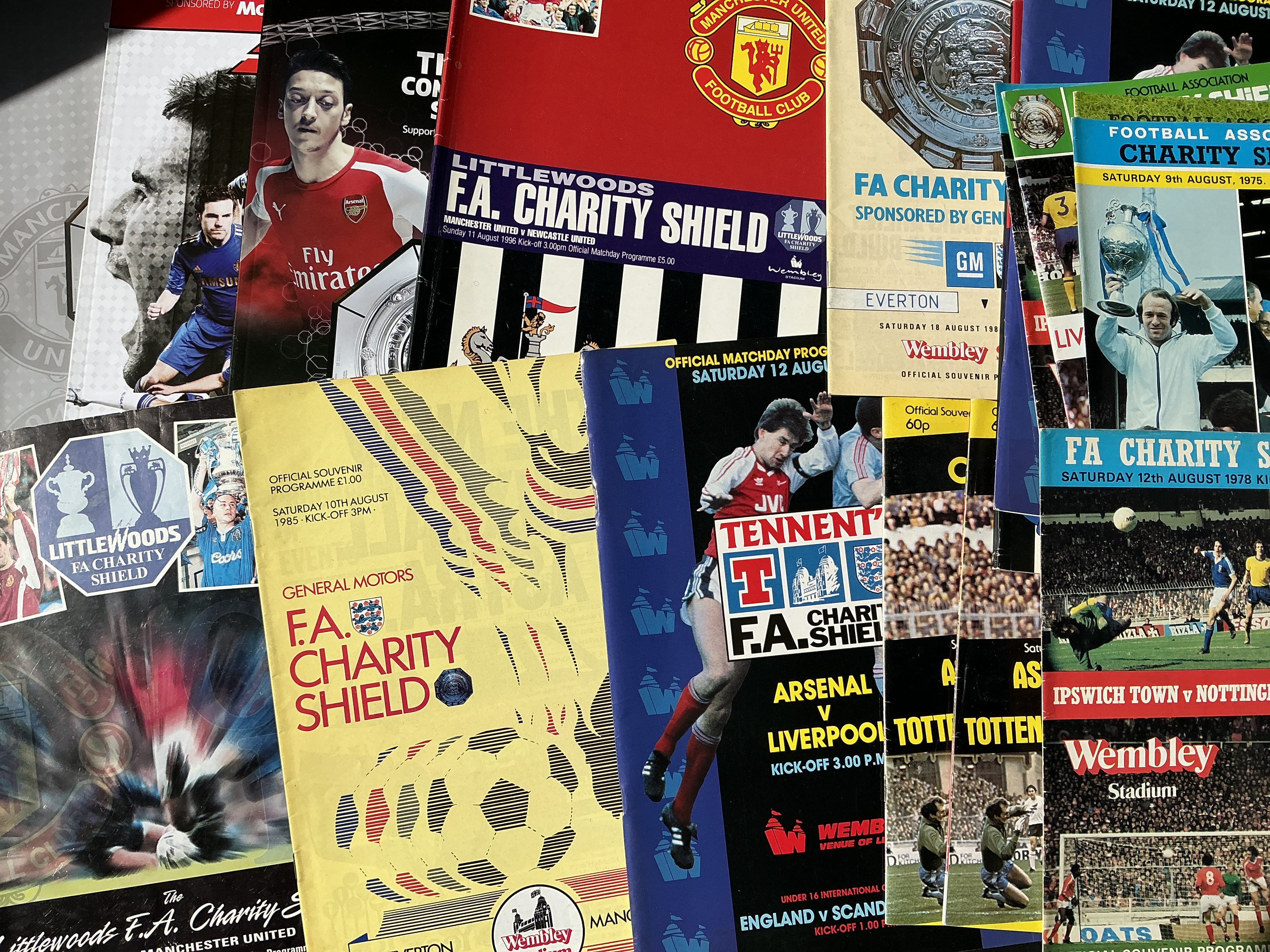Big Match Football Programmes: 18 x Charity Shields plus many Amateur Cup Finals, Play Off Finals, Vase Finals and more. C/W some other programmes and a menu signed by Bobby Robson. Quantity.