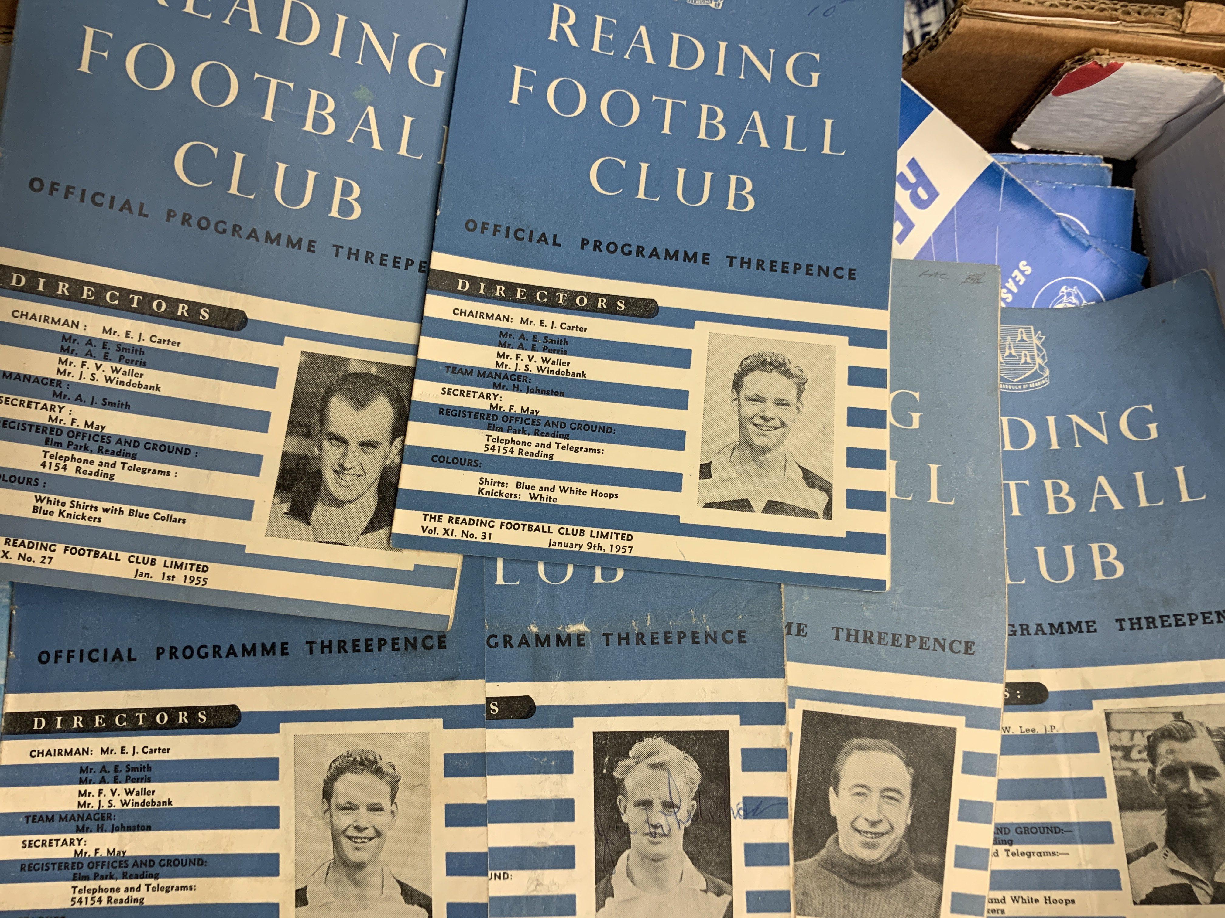 Reading Home Football Programmes: Includes 49/50 Doncaster, 51/52 Orient, 54/55 Shrewsbury. We estimate there are a further 300 of the pocket size programmes from the late 50s to the mid 60s and additionally some more late 60s. Very good with duplication. (est 350)