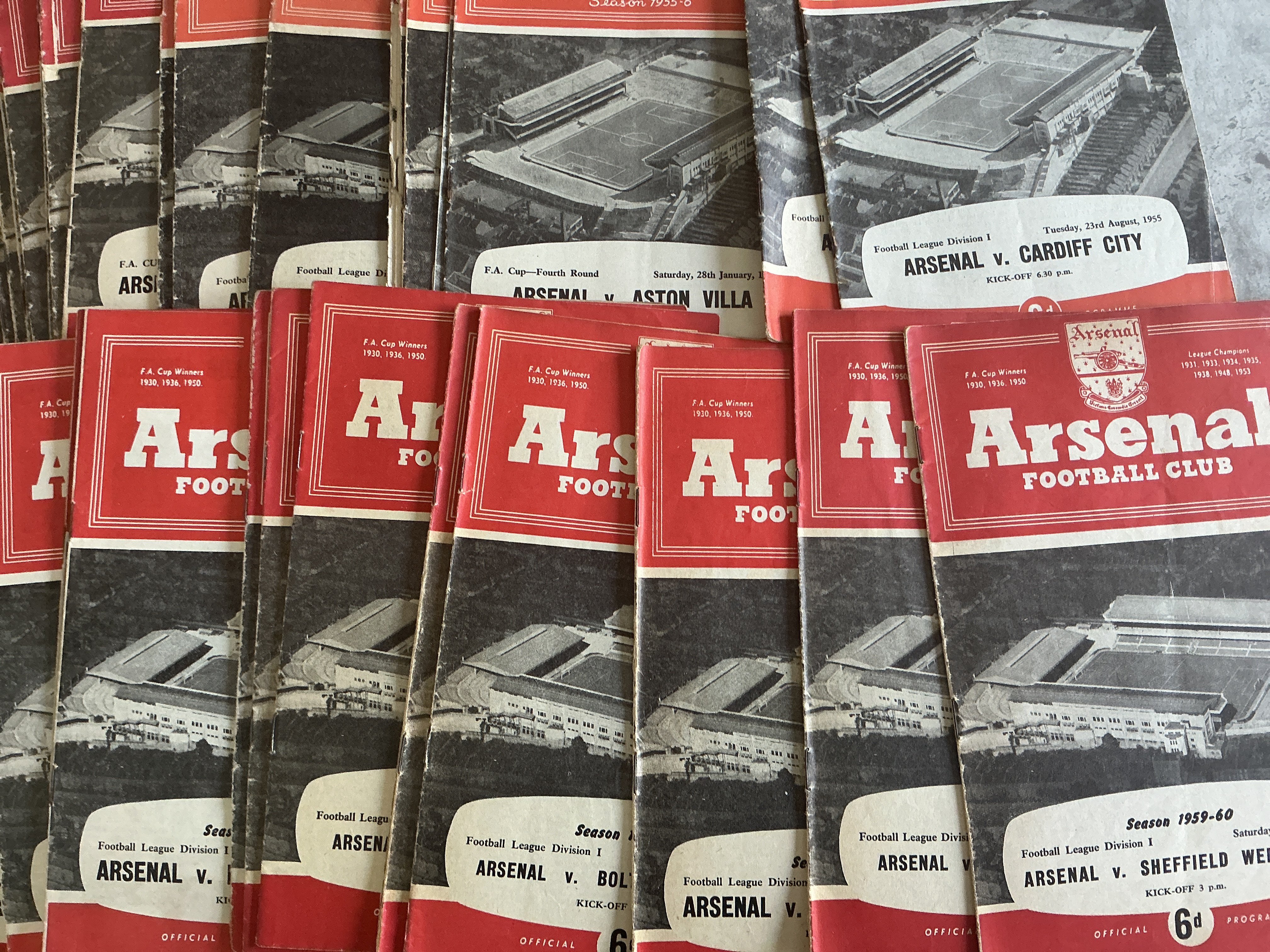 Arsenal Football Programme Box: Mainly homes with around 30 from the late 50s and a quantity onwards to include potentially a full set of homes from 70/71 and home and aways from 69/70. Worth a look as spotted handbooks and menus which include shareholders luncheon in 2006 the first at The Emirates and a Football Writers Dinner in 2003 where footballer of the year was Henry.