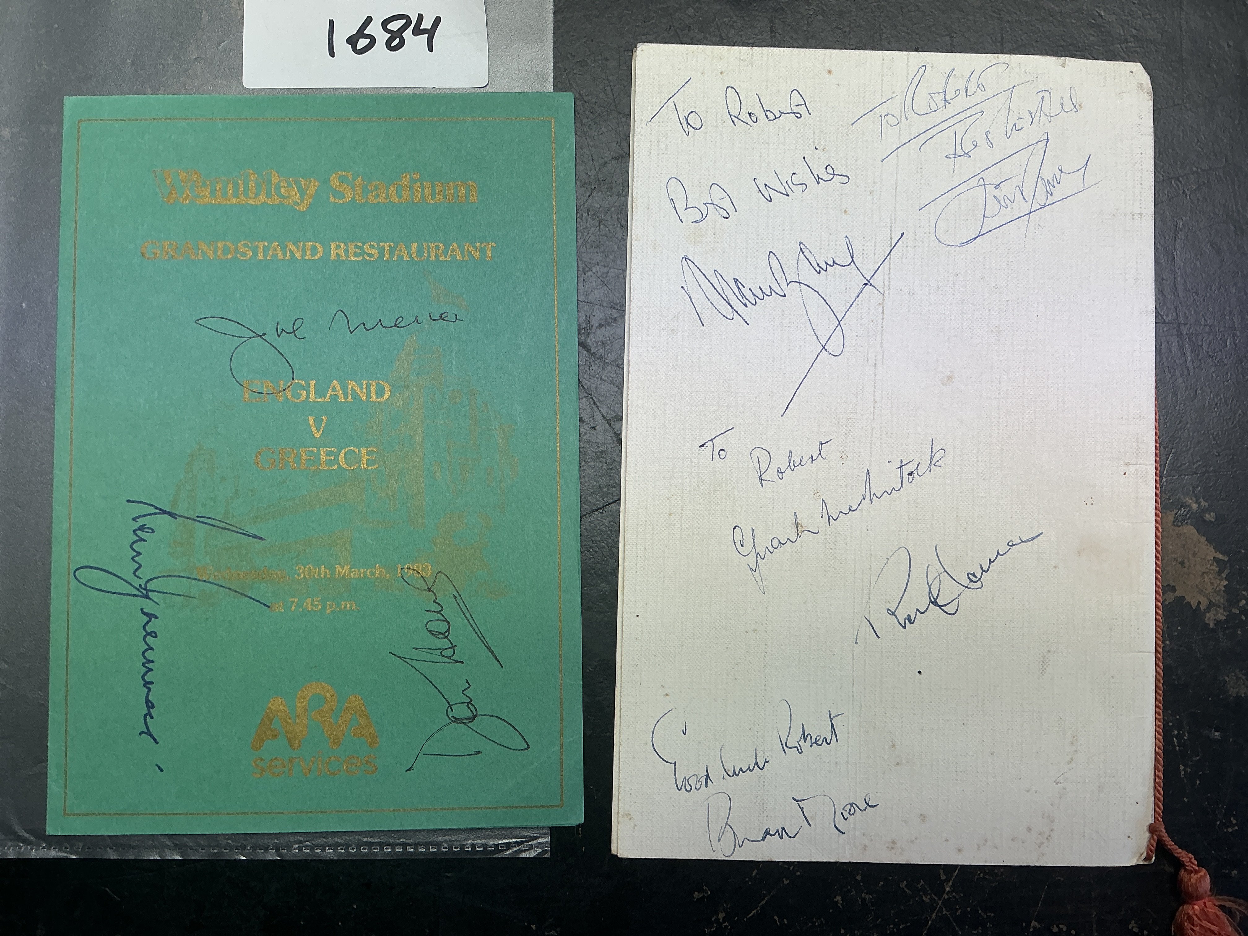 Signed Football Menus: 1983 England v Greece menu signed by former managers Don Howe Ron Greenwood and Joe Mercer. C/W a dedicated 1972 Anglo American menu in honour of Stoke and Chelsea signed to rear by Alan Ball Frank McLintock Brian Moore Ron Harris and one other.