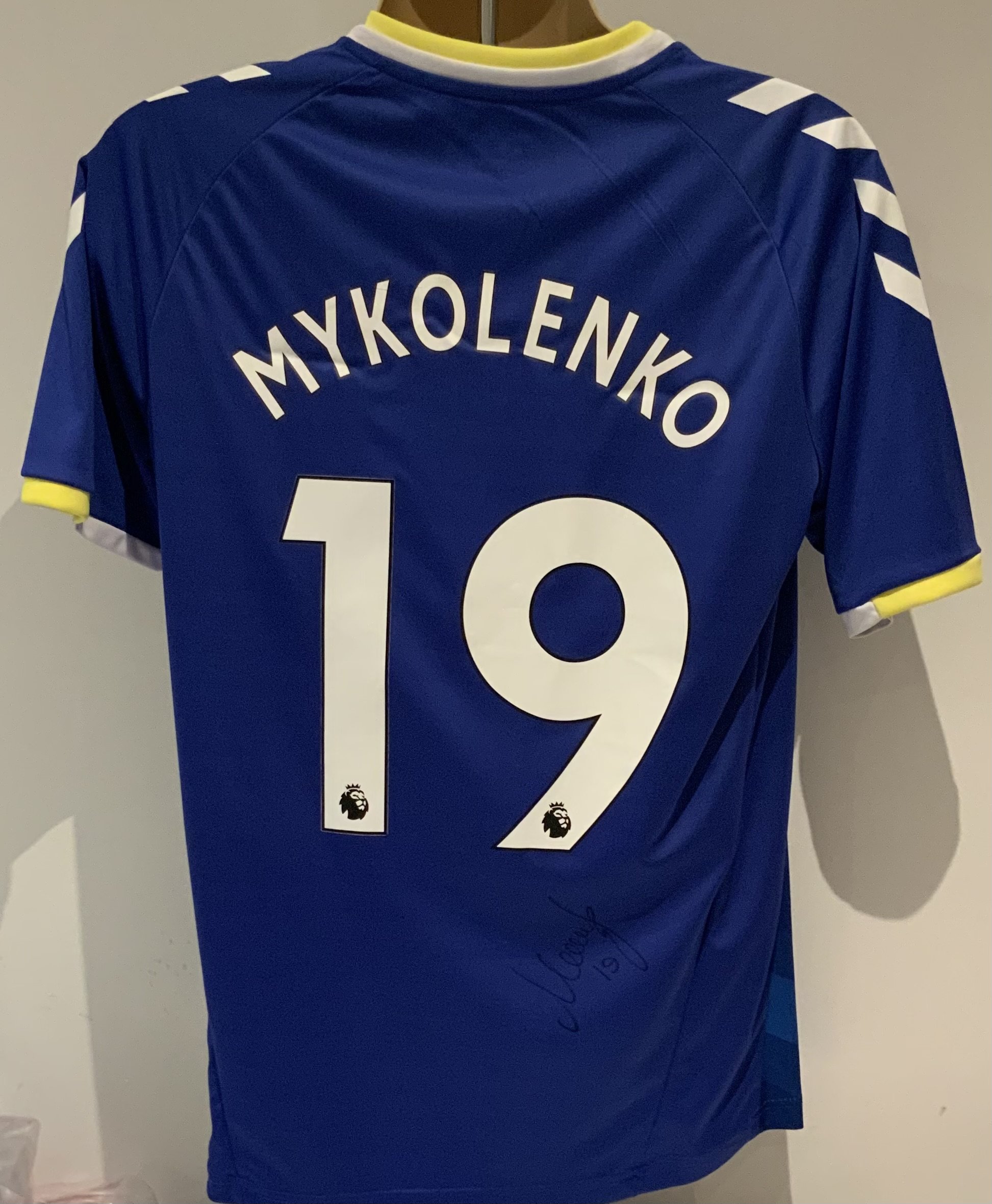 Everton Mykolenko Signed Replica Football Shirt: Hummel short sleeve name and number shirt with tags signed to rear by the player.