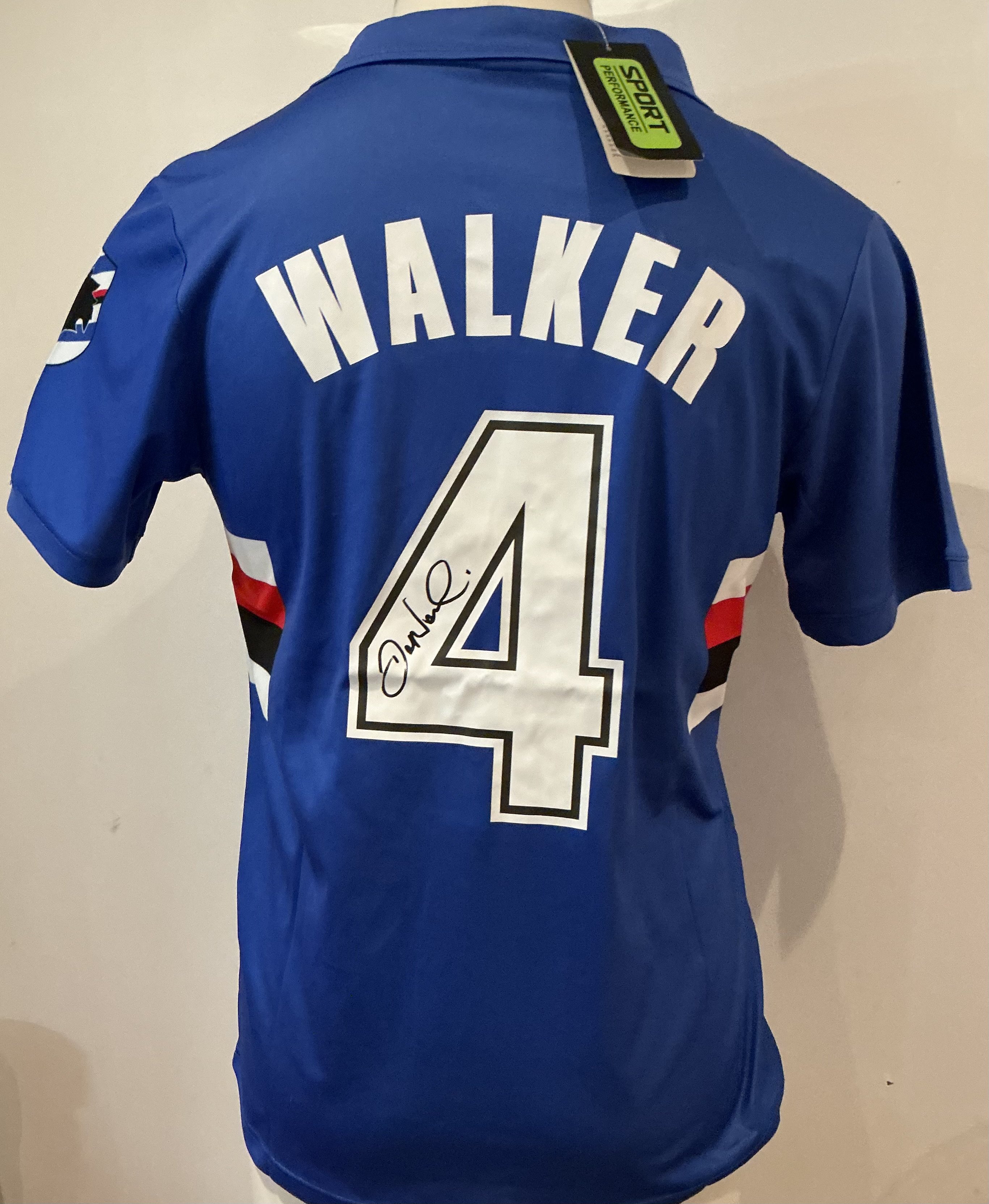 Sampdoria Des Walker Signed Football Shirt: Des Walker signed Sampdoria retro replica home shirt. Signature on number on the back. Size medium. Good Condition.