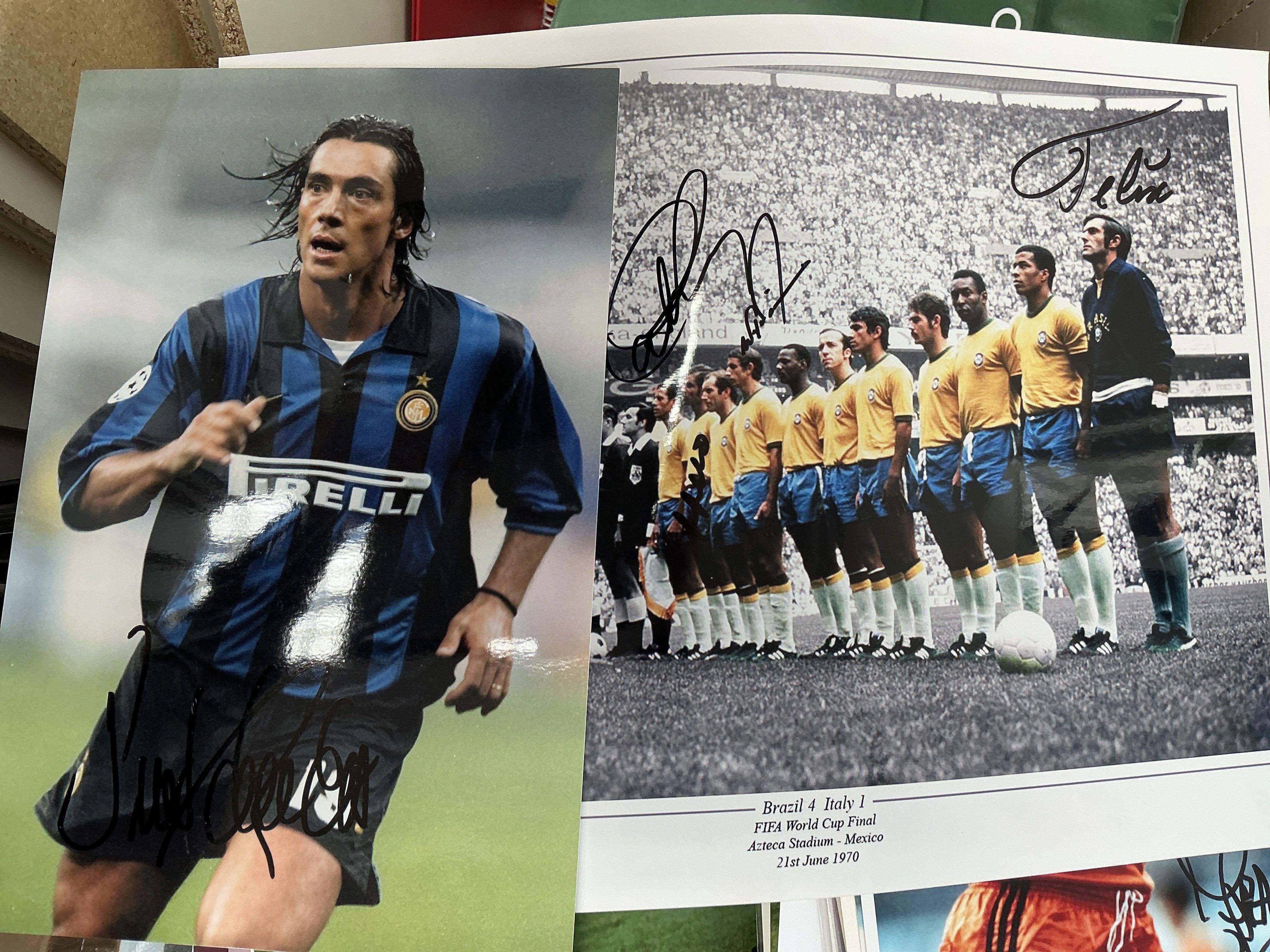 International Player Signed Football Photos: Large photos/prints at least A4 in size with photos hand signed by many stars. Includes Platini Metgod Zidane Deco Shilton Cliff Jones Desailly. (approx 40)