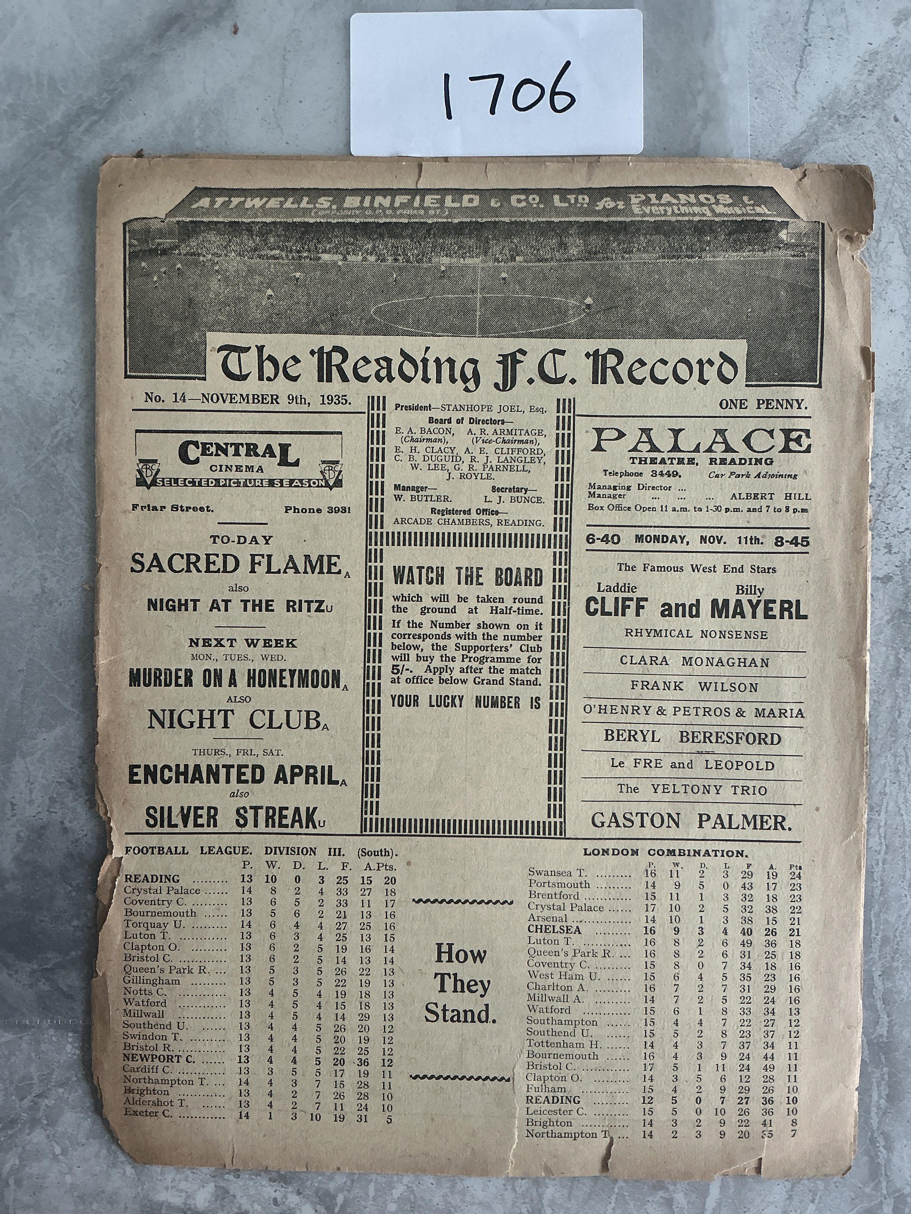 35/36 Reading v Chelsea London Combination Football Programme: Ex bound with covers but spine poor and some small paper loss at borders.