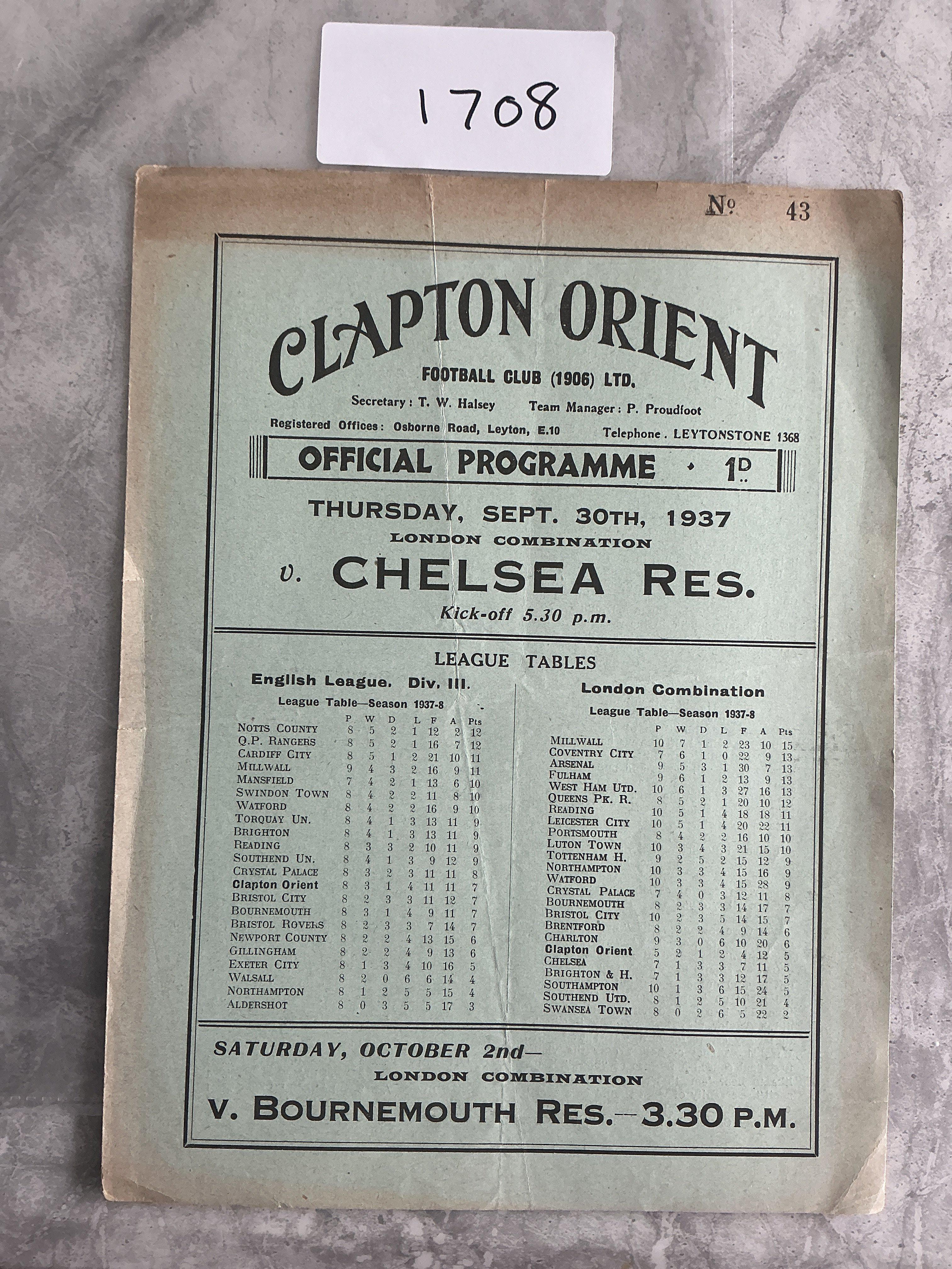 37/38 Clapton Orient v Chelsea London Combination Football Programme: Good condition with no team changes. Fold.