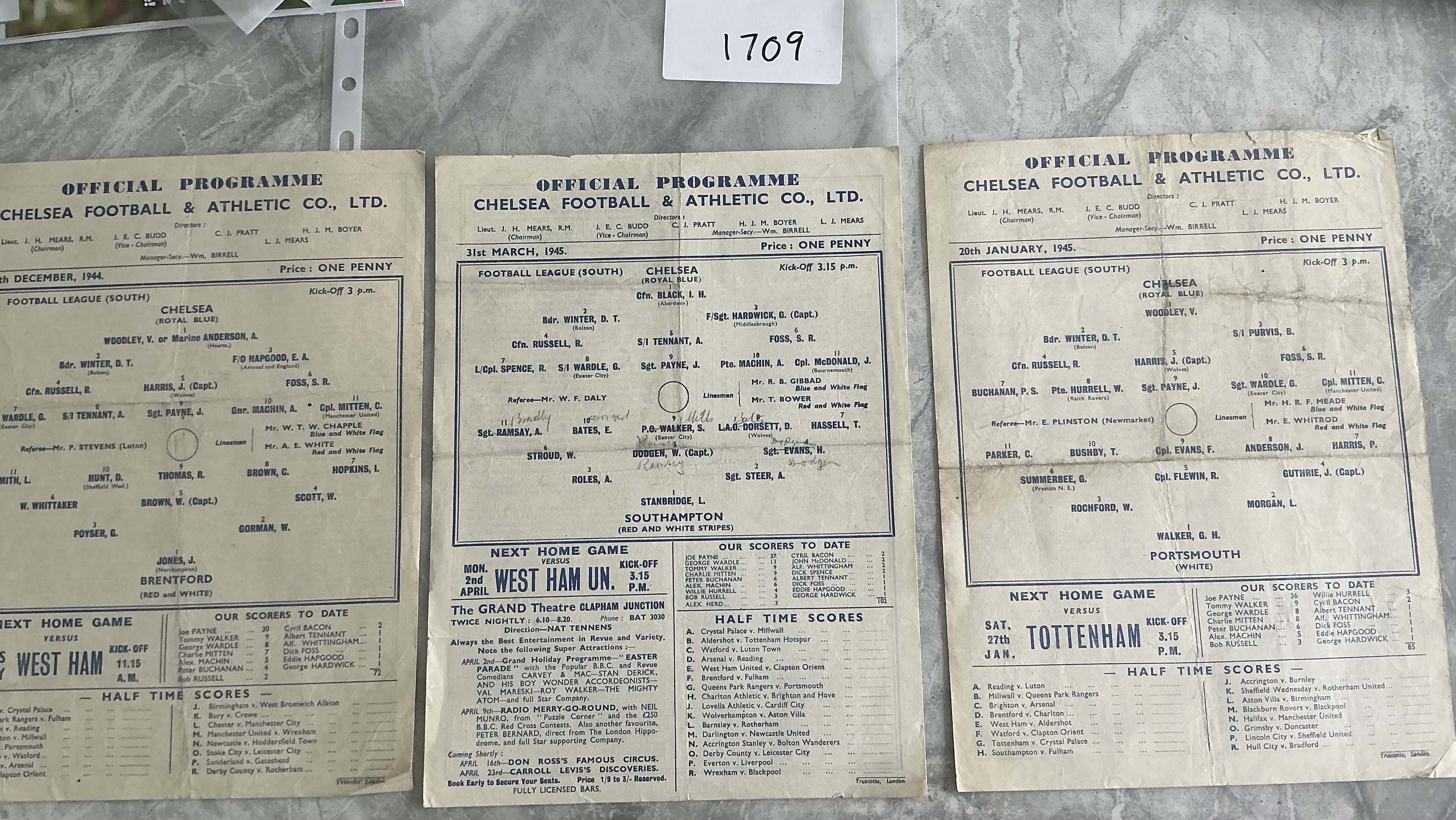 1944 - 1945 Chelsea Home Football Programmes: League South matches v Southampton pencilled writing, Portsmouth and Brentford. Good with no team changes. Folds. (3)