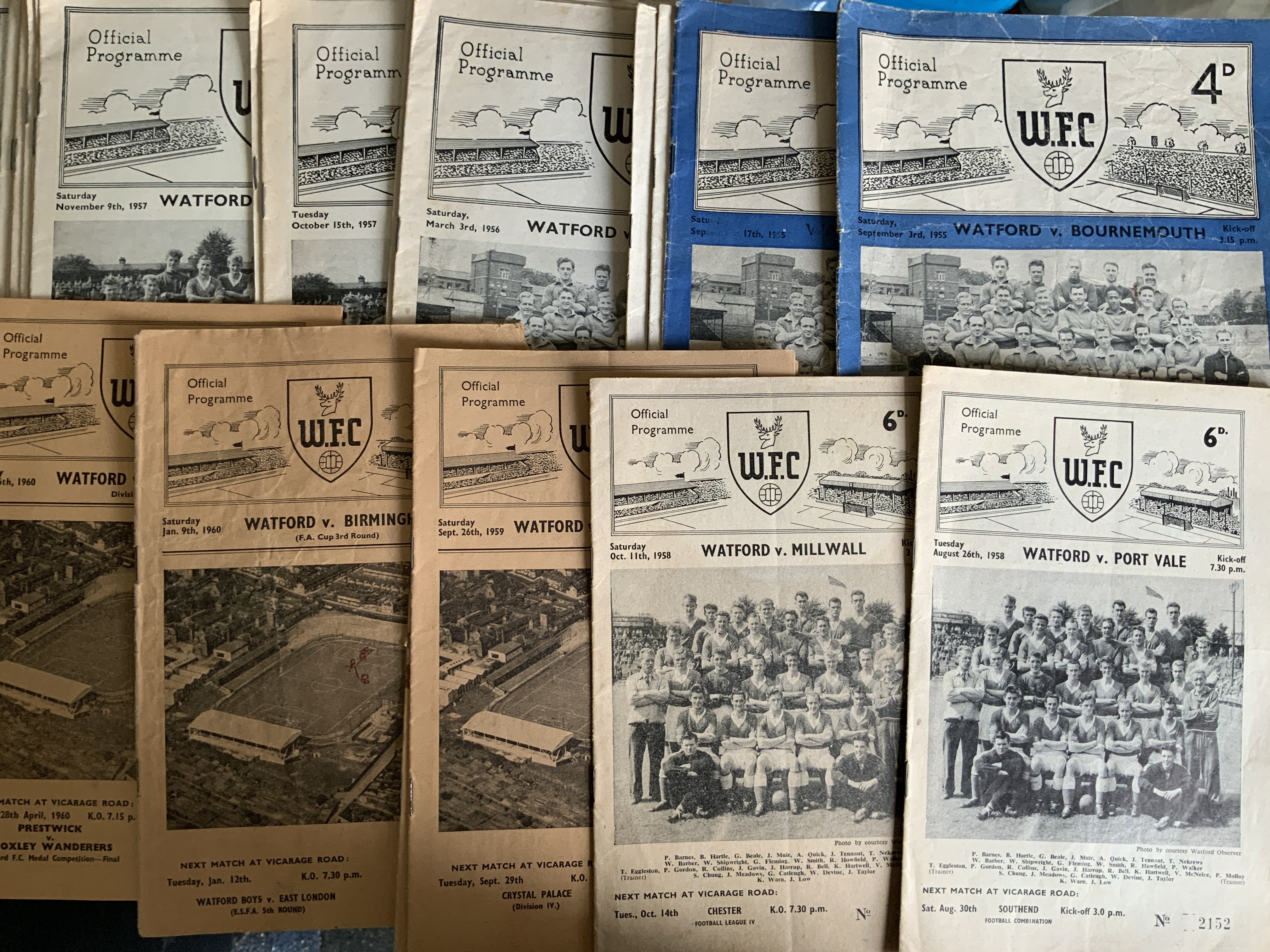 Watford Home Football Programmes: 24 from the mid to late 50s and approximately 120 from the 60s and 70 from the 70s plus 2 binders. 69/70 looks complete. Instructions to sell. Very good. (est 220)