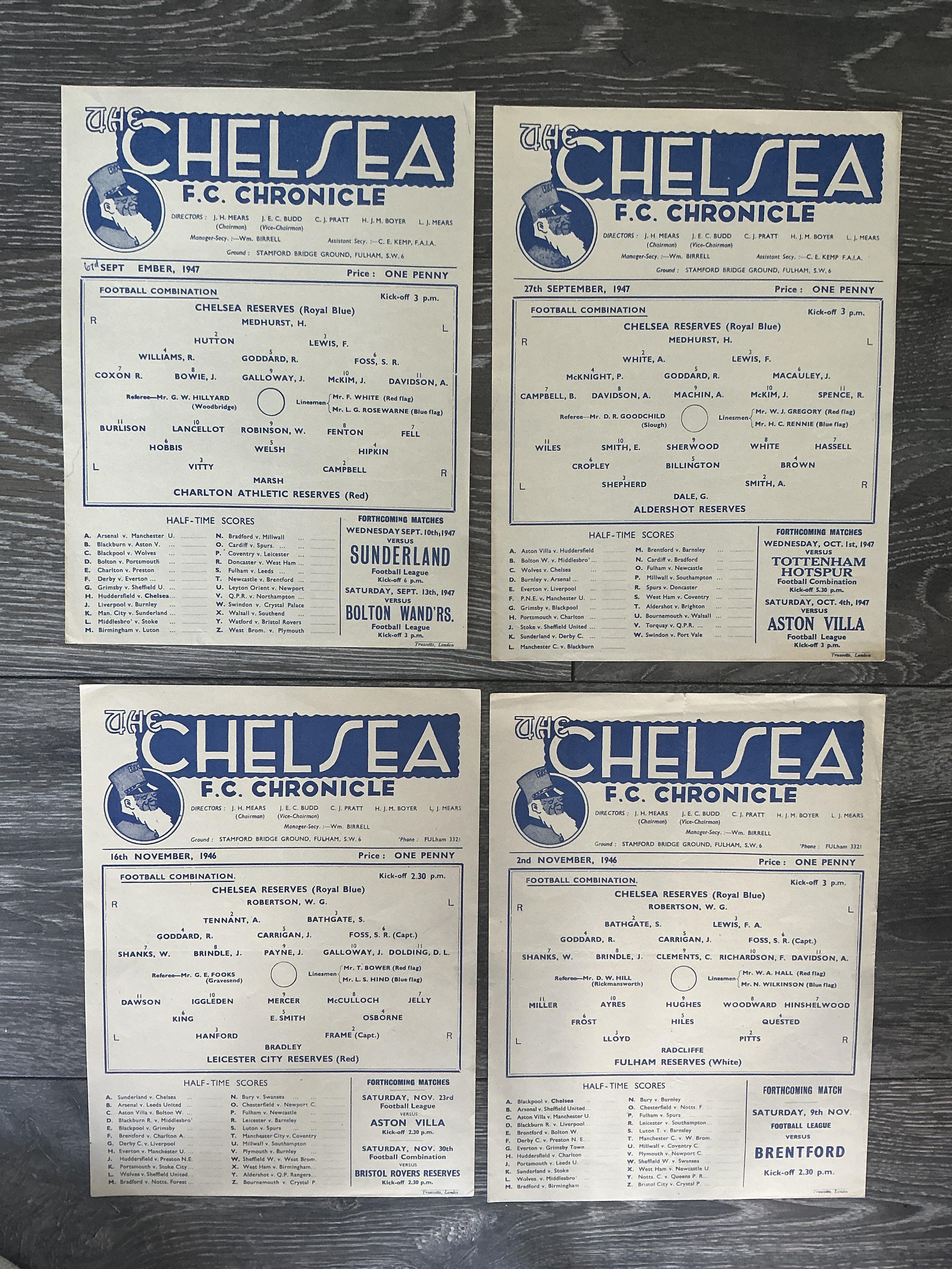 47/48 Chelsea Home Reserve Football Programmes: Excellent condition single sheets for Football Combination matches v Leicester Fulham Aldershot and Charlton. Never seen them in such superb condition with no writing. (4)