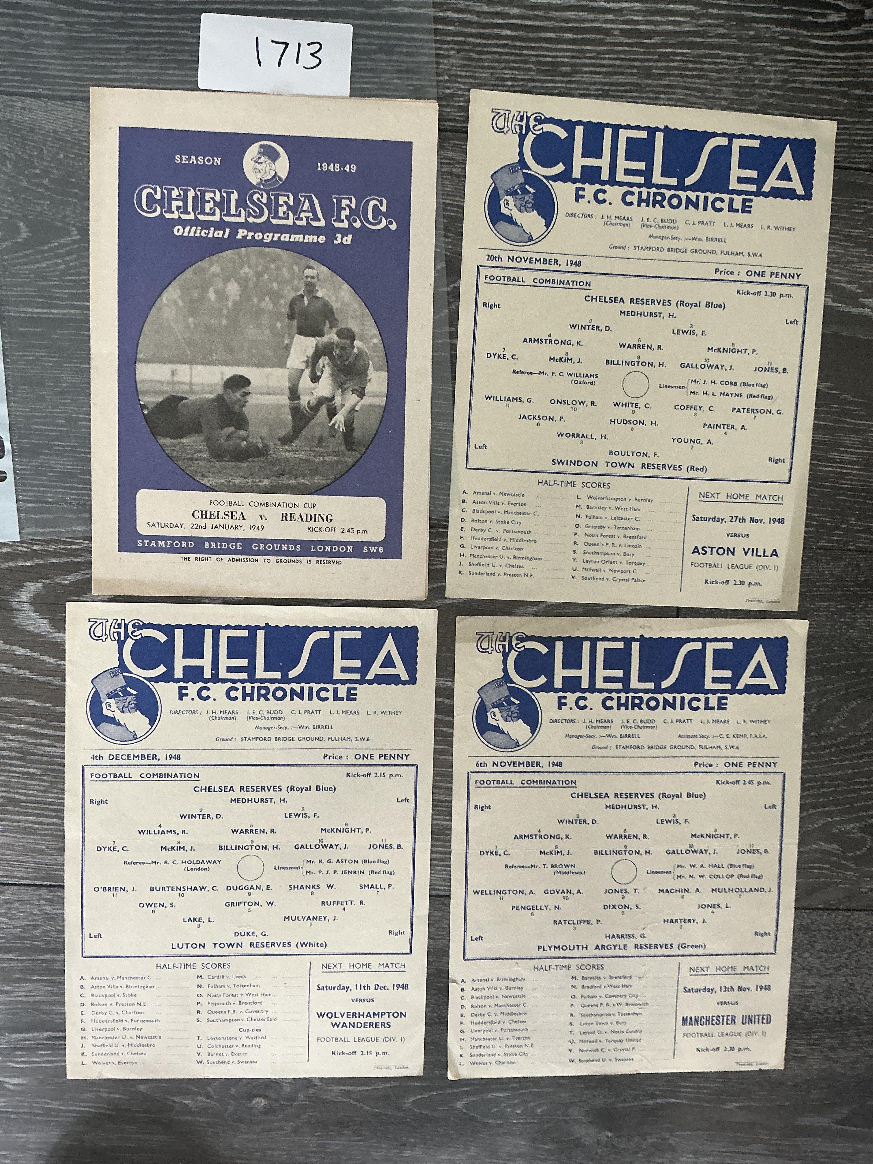 48/49 Chelsea Home Reserve Football Programmes: Excellent condition single sheets for Football Combination matches v Swindon Luton and Plymouth. C/W from the same season but a different style v Reading Combination Cup. (4)