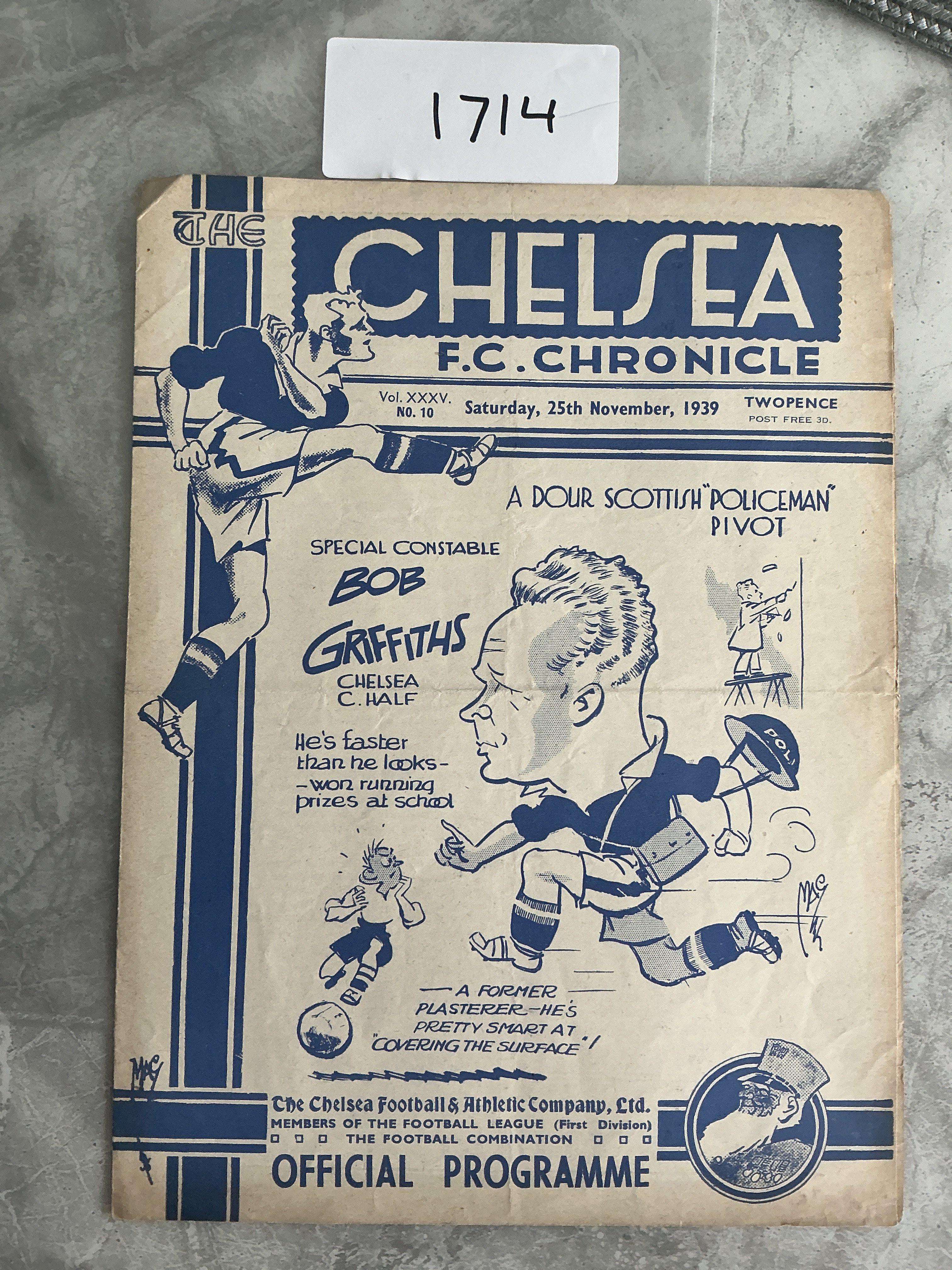 39/40 Chelsea v Portsmouth Football Programme: Very good condition with no team changes dated 25 11 1939.
