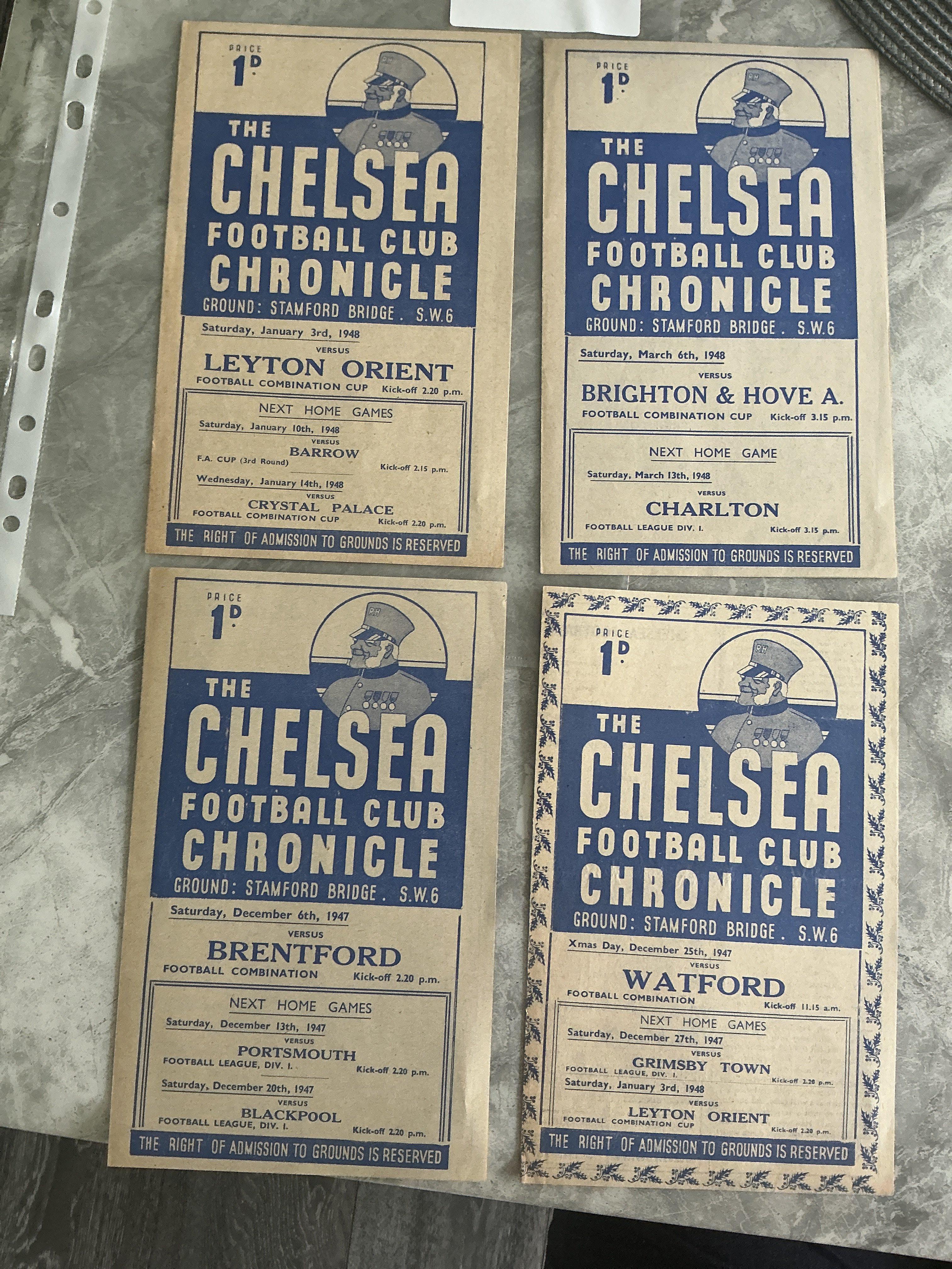 47/48 Chelsea Home Reserve Football Programmes: Excellent condition 4 pagers for Football Combination matches v Watford + Brentford plus Combination Cup v Orient + Charlton. Never seen them in such superb condition with no writing. (4)