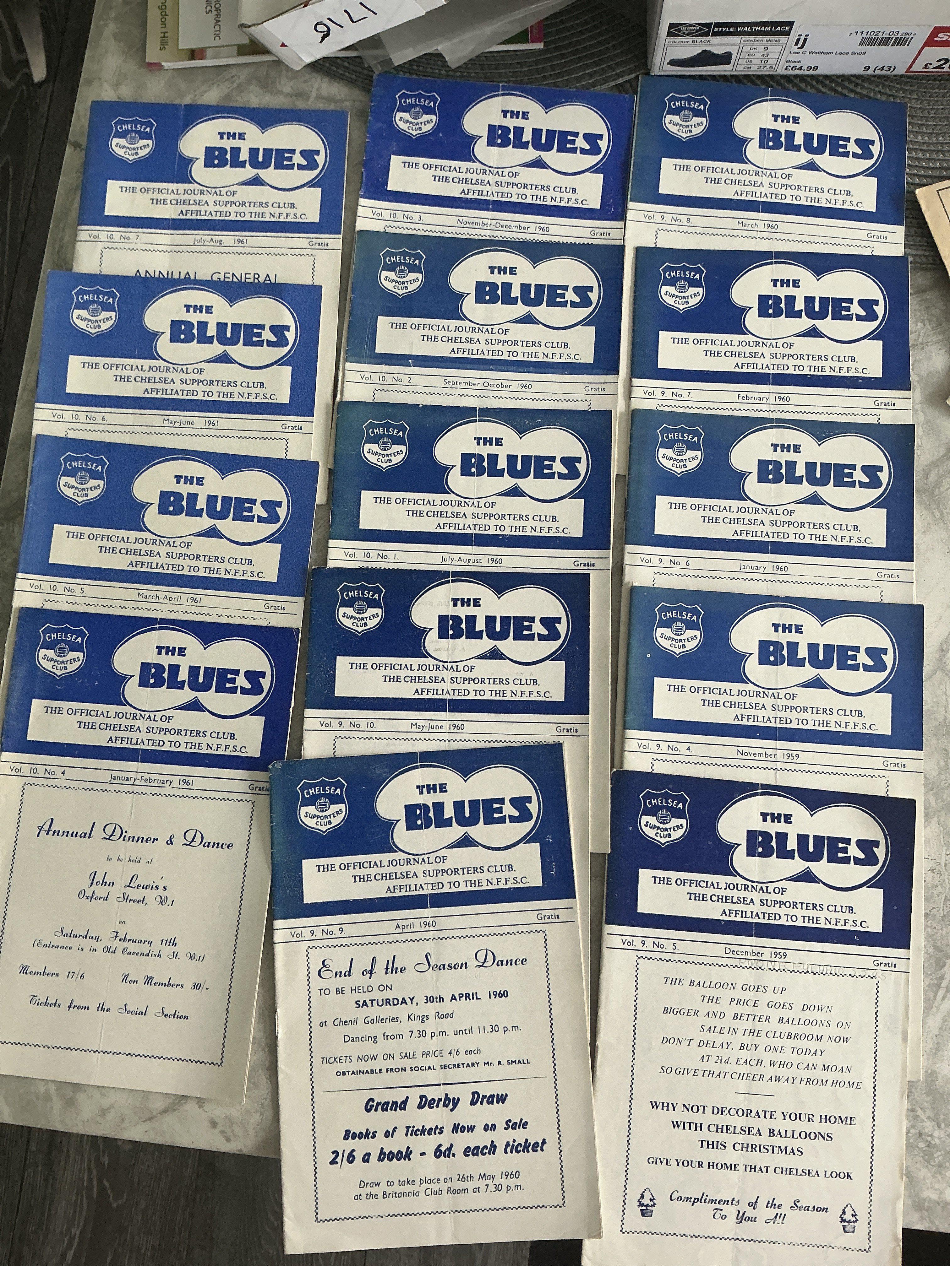 Chelsea Football Programmes + Paper Ephemera Box: Home programmes v 47/48 Burnley 48/49 Portsmouth Stoke 49/50 Newcastle league and cup. From 50/51 to 54/55 there are 10 and a further 29 late 50s. Supporters Club handbooks for 57/58 + 60/61 and standard handbooks for 55/56 59/60 and 60/61, fixture lists for 59/60 + 60/61 and in the same period 14 Supporters Club (The Blues) journals. Nice lot comes with some early 60s programmes. Everything mentioned is very good except a few late 50s homes.