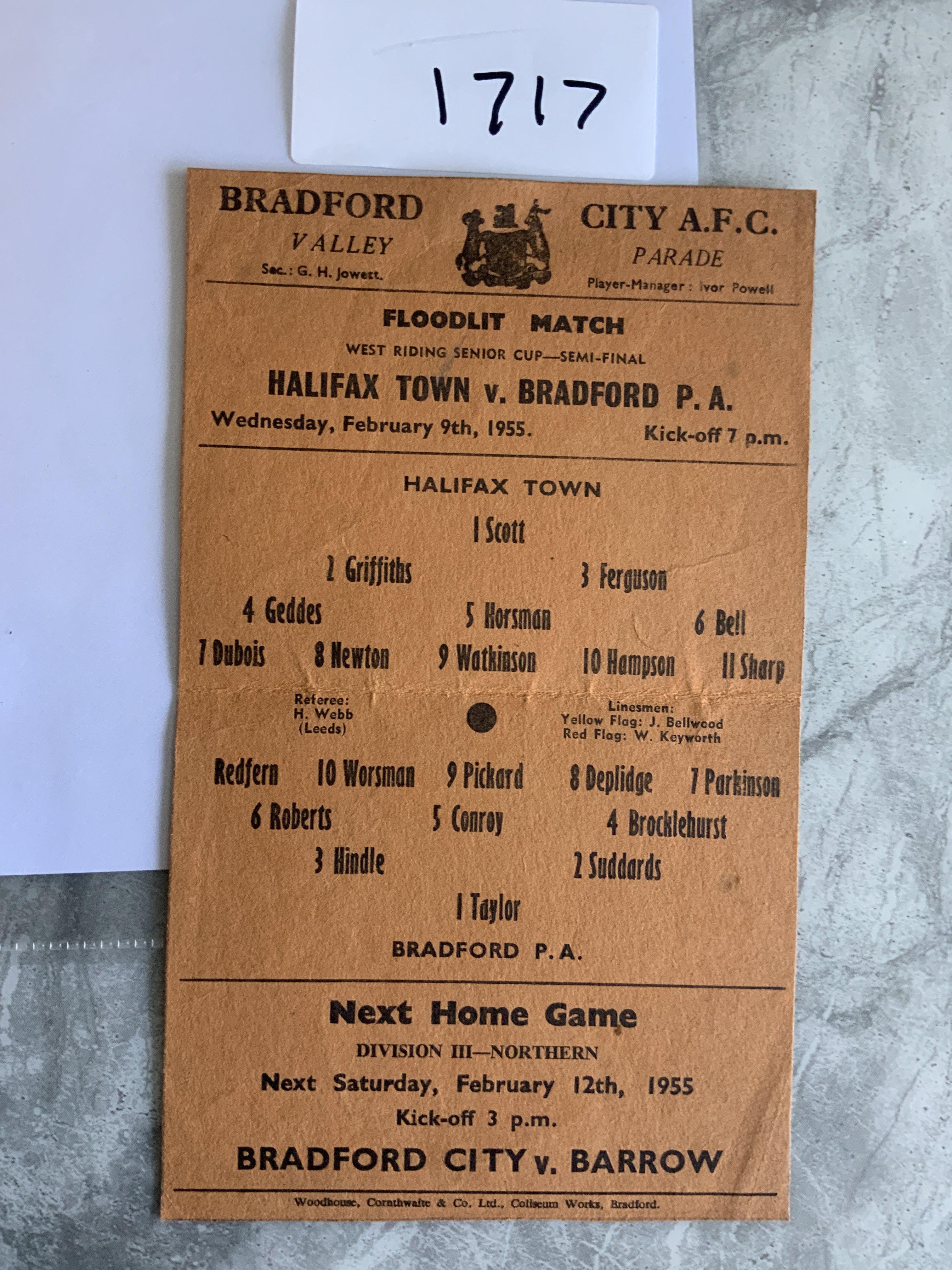 54/55 Halifax v Bradford Park Avenue Semi Final Football Programme: West Riding SF played at Bradford City in very good condition with no team changes. Single sheet has fold.