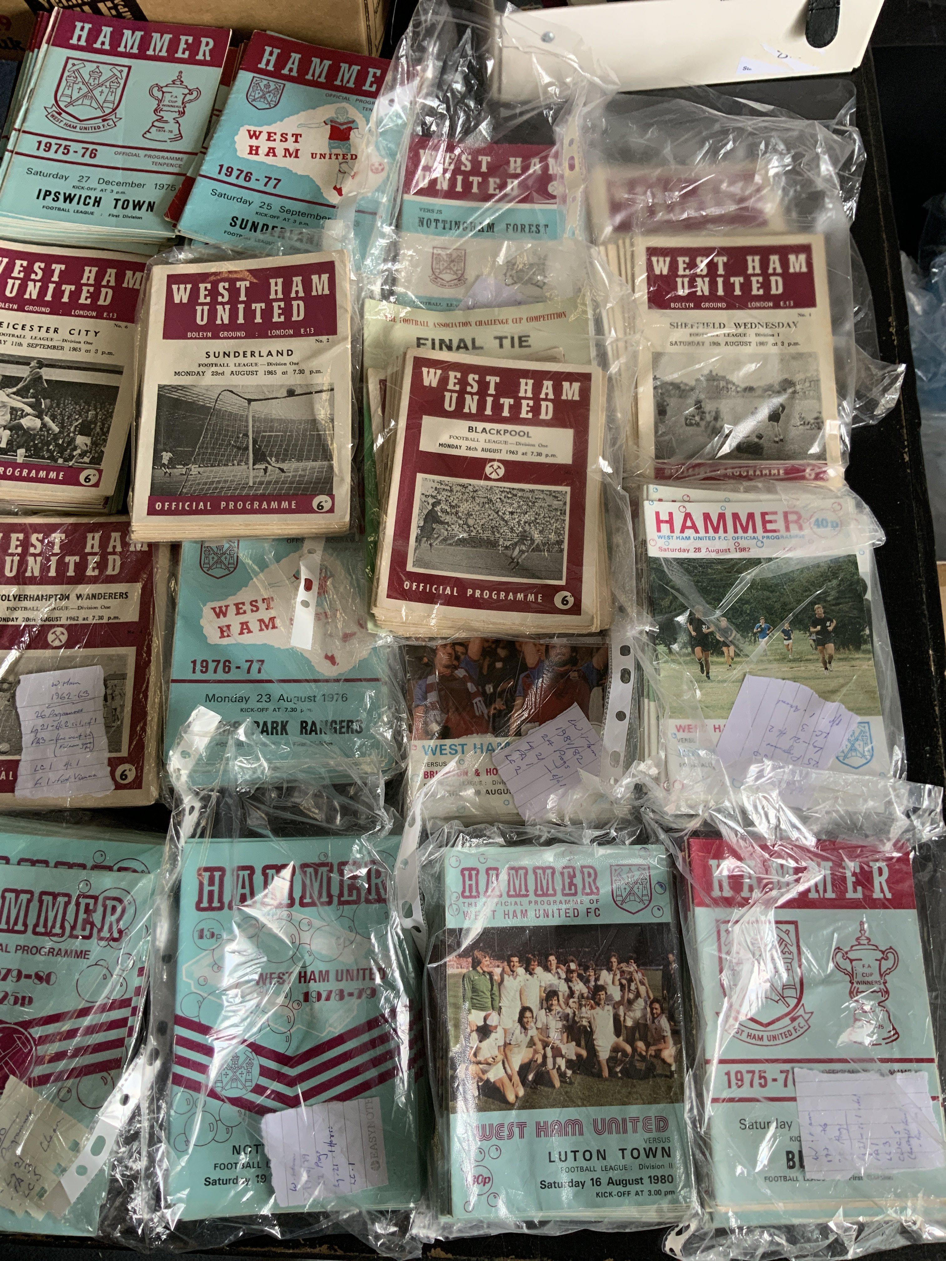 West Ham Home Football Programmes: Approximately 160 from the 60s to include near complete 62/63. 250 from the 70s. 17 from the 1950s Instructions to sell. Very good. (est 400+)