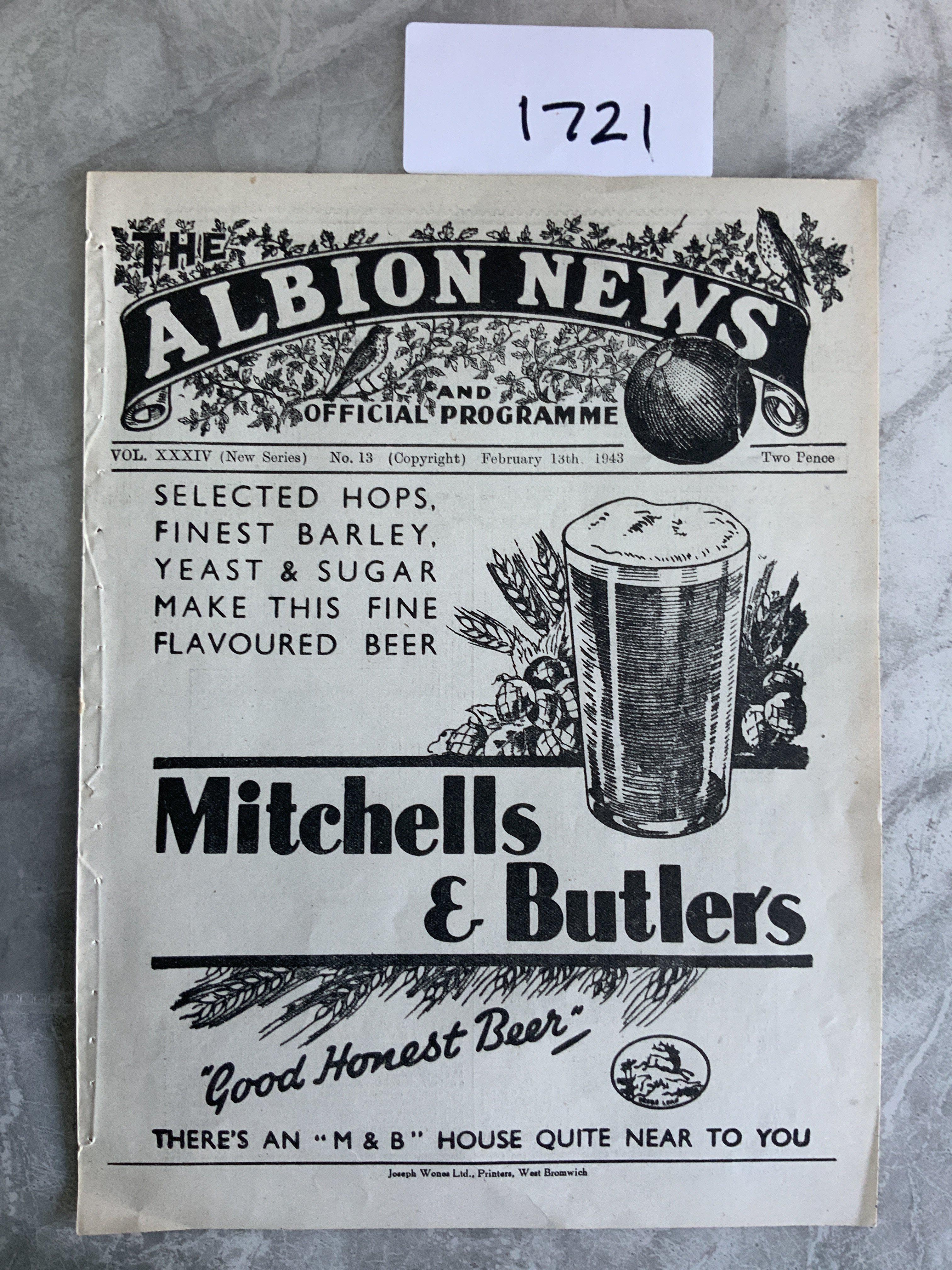 42/43 West Brom v Birmingham Football Programme: Excellent condition ex bound with no team changes dated 13 2 1943.