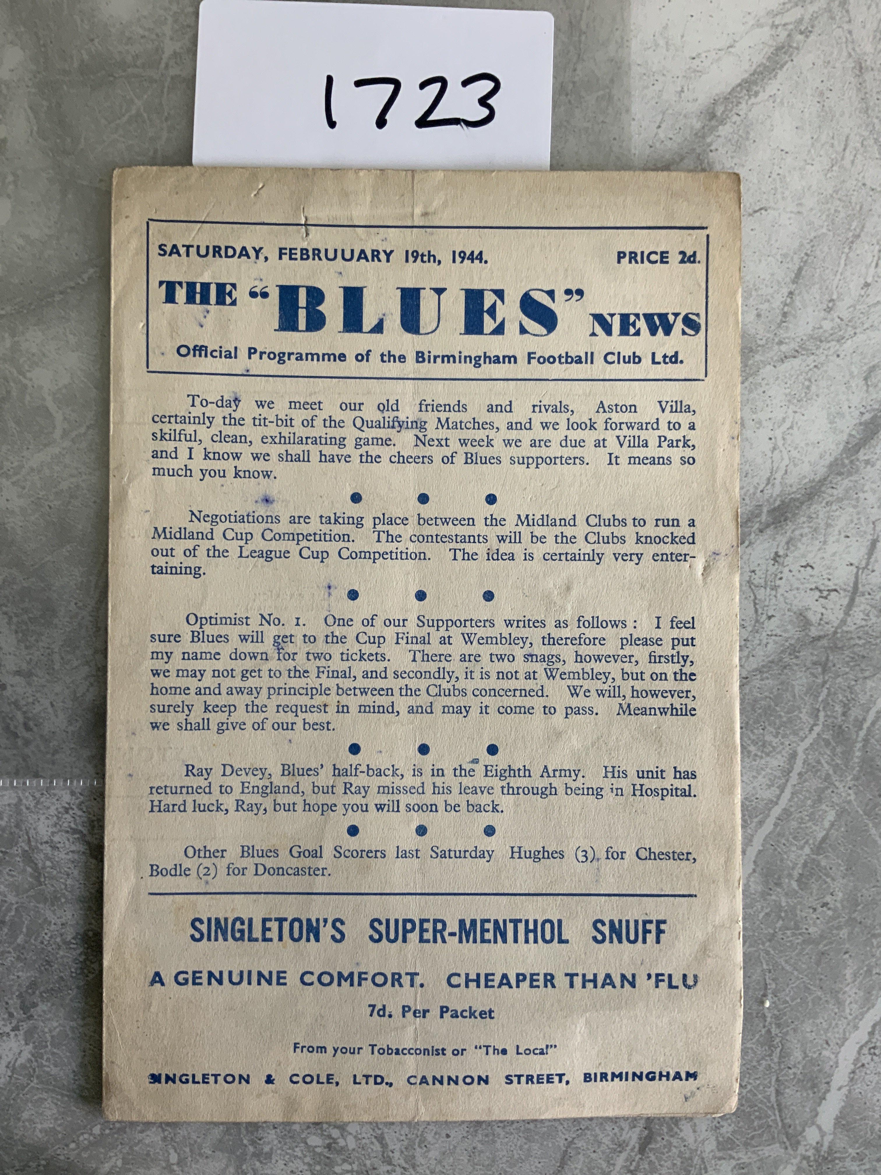 43/44 Birmingham v Aston Villa Football Programme: Good condition 4 pager with no team changes dated 19 2 1944.