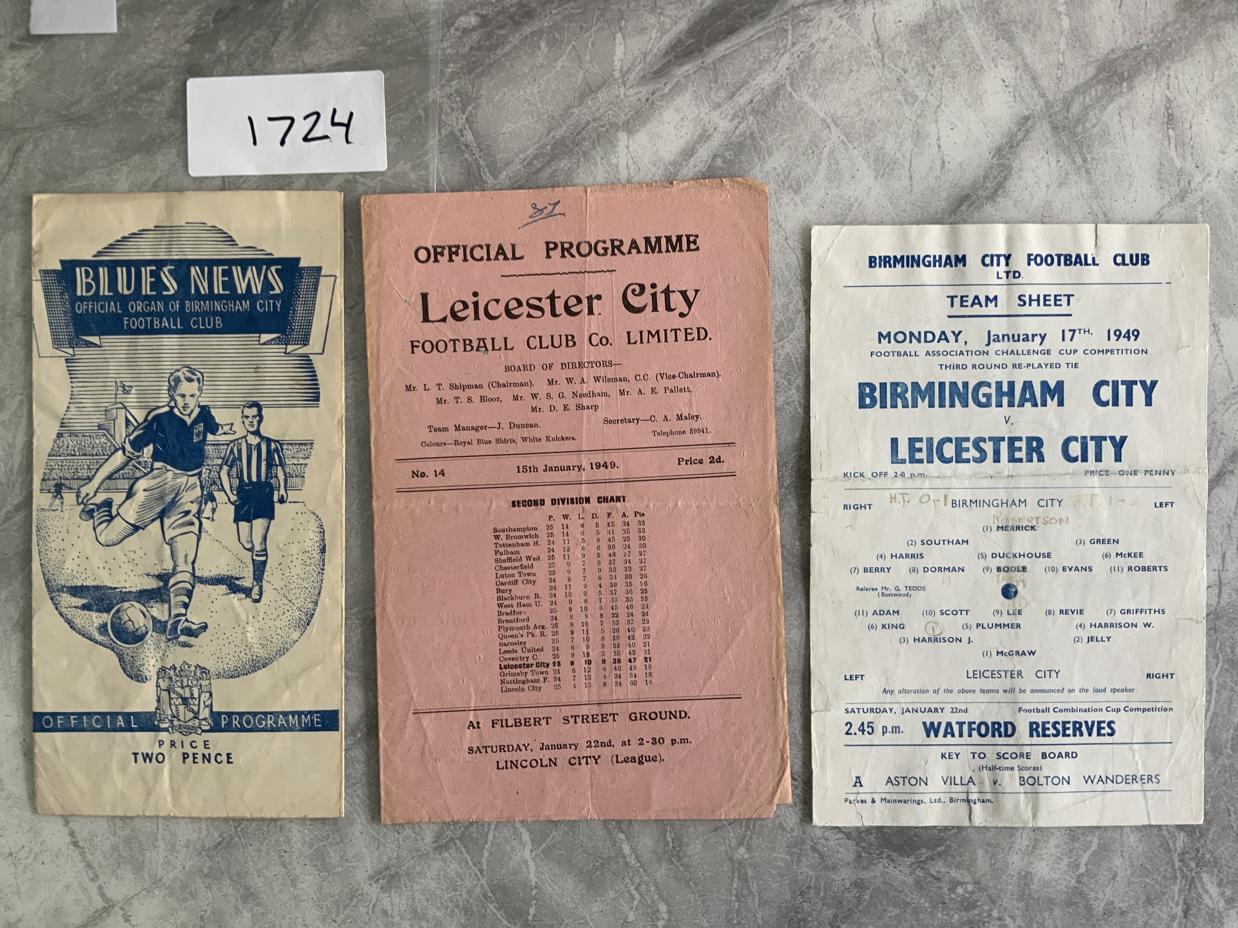 48/49 Leicester v Birmingham FA Cup Football Programmes: All 3 matches in the famous Leicester cup run. First match at Birmingham, replay at Leicester and a Monday afternoon single sheet dated 17 1 1949 back at Birmingham which is hard to obtain. Team changes and overall fair. (3)
