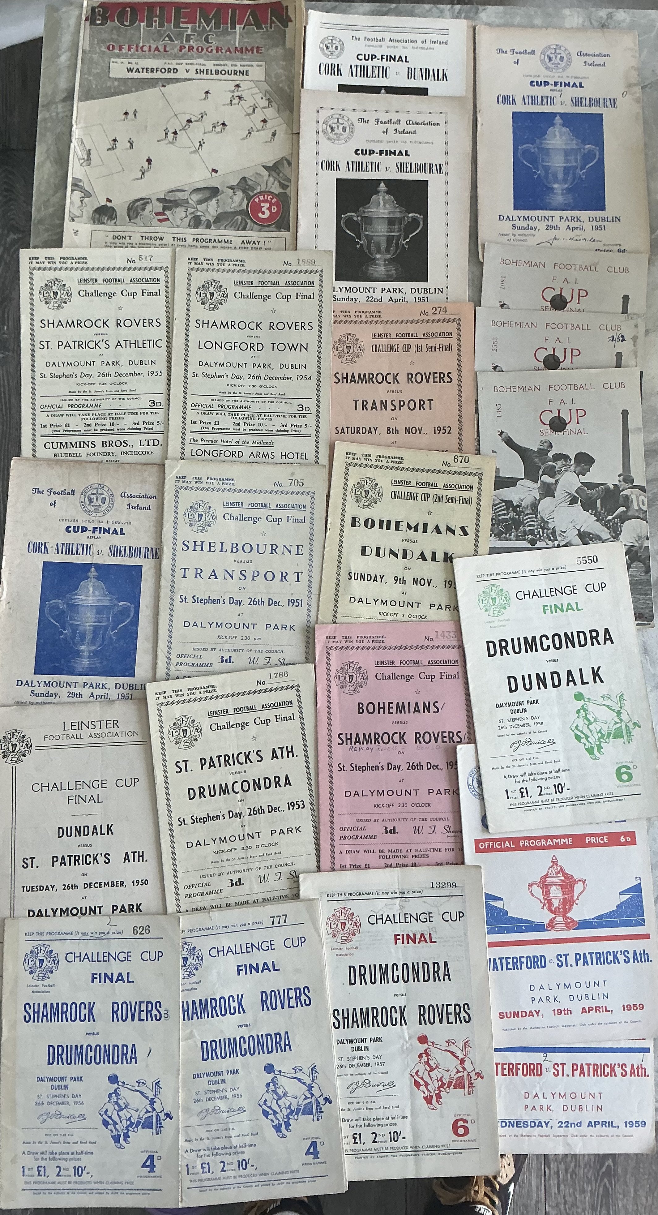 1950s Irish Cup Finals + Semi Final Football Programmes: Includes Challenge Cup Finals 1950 1951 + Replay 1952 1953 1954 1955 1956 1957 1959 + Replay. There are additionally some early 60s finals. Semi Finals are from 1949 up to the late 50s. There are many duplicates. Mostly good with a small percentage having scores to front. Stunning must view lot with high retail value. (75)