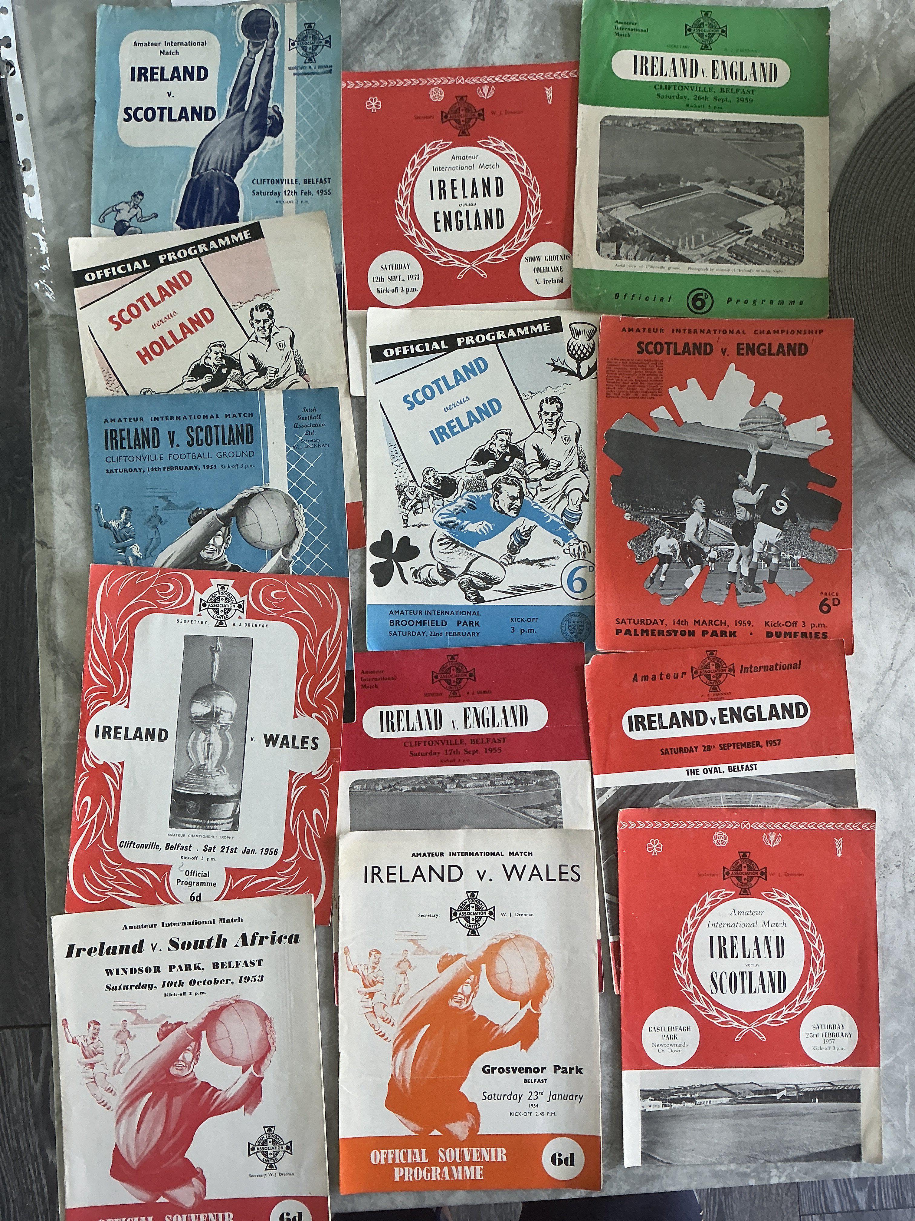 1950s Home Nations Amateur International Football Programmes: Does not include any England homes. Nice selection with heavy duplication to include Ireland v 1953 South Africa, England, Scotland, 1954 Wales, 1957 Scotland, England, 1959 England. Excellent. (36)