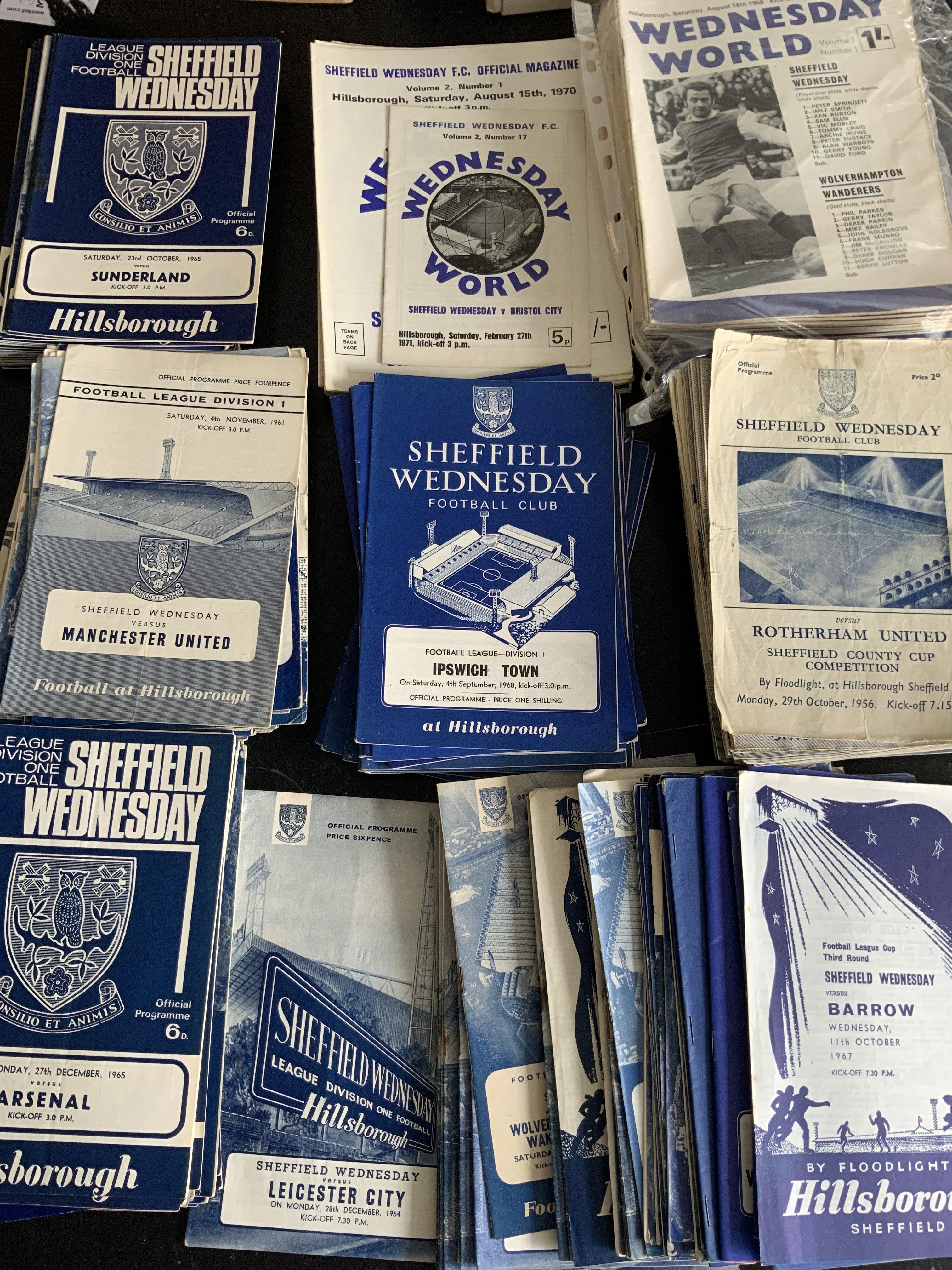 Sheffield Wednesday Home Football Programmes: 49 from the 50s and approximately 200 from the 60s and 20 from the early 70s. Includes 67/68 + 69/70 sets which look complete and 3 7 inch records. Instructions to sell. Very good. (est 150+)