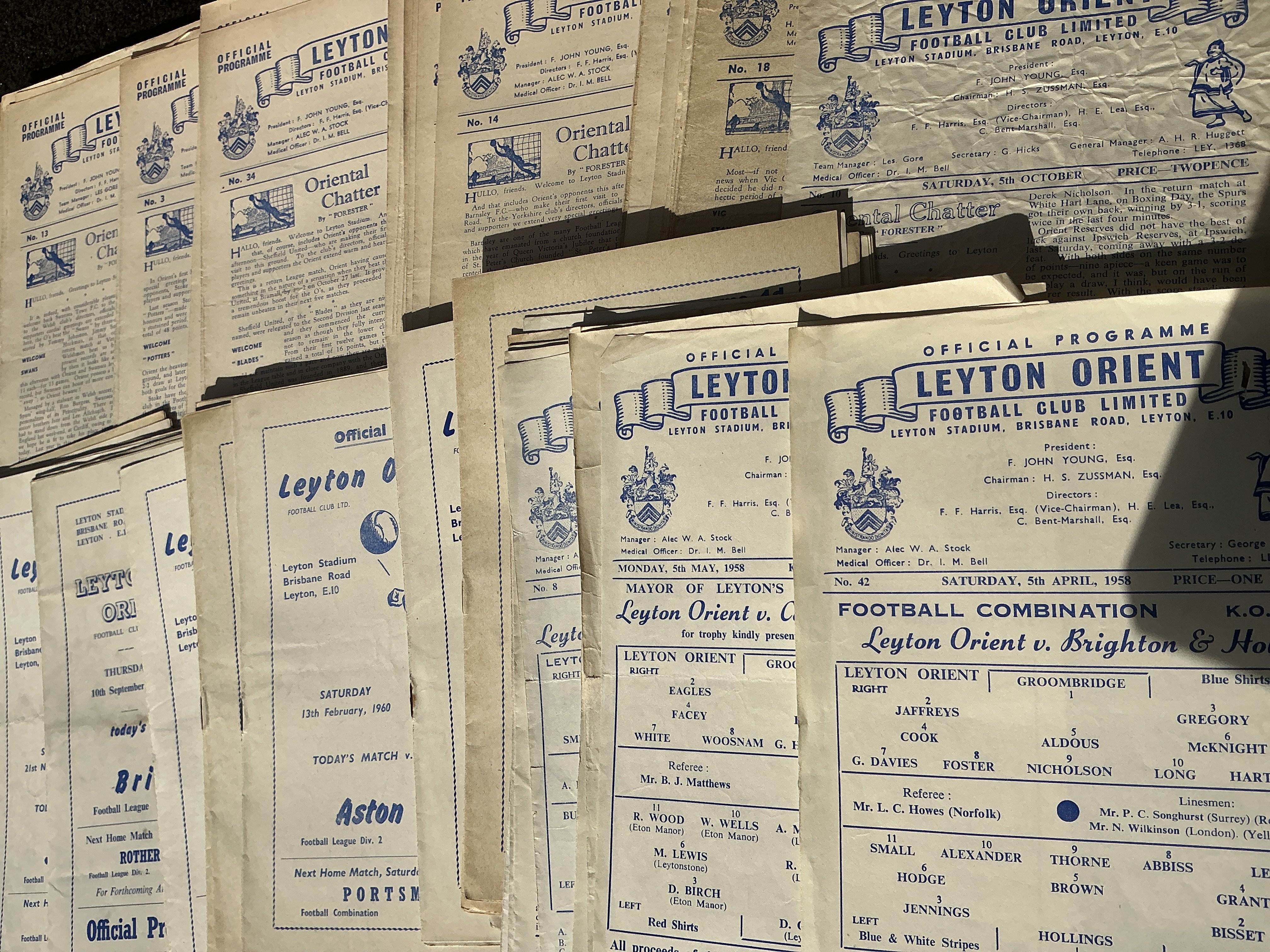 Orient Home Football Programmes: Over 70 from mid to late 50s including 7 reserves. There are 16 from the famous division one season of 62/63 and more from the 60s 70s + 80s. Good condition. (est 200)