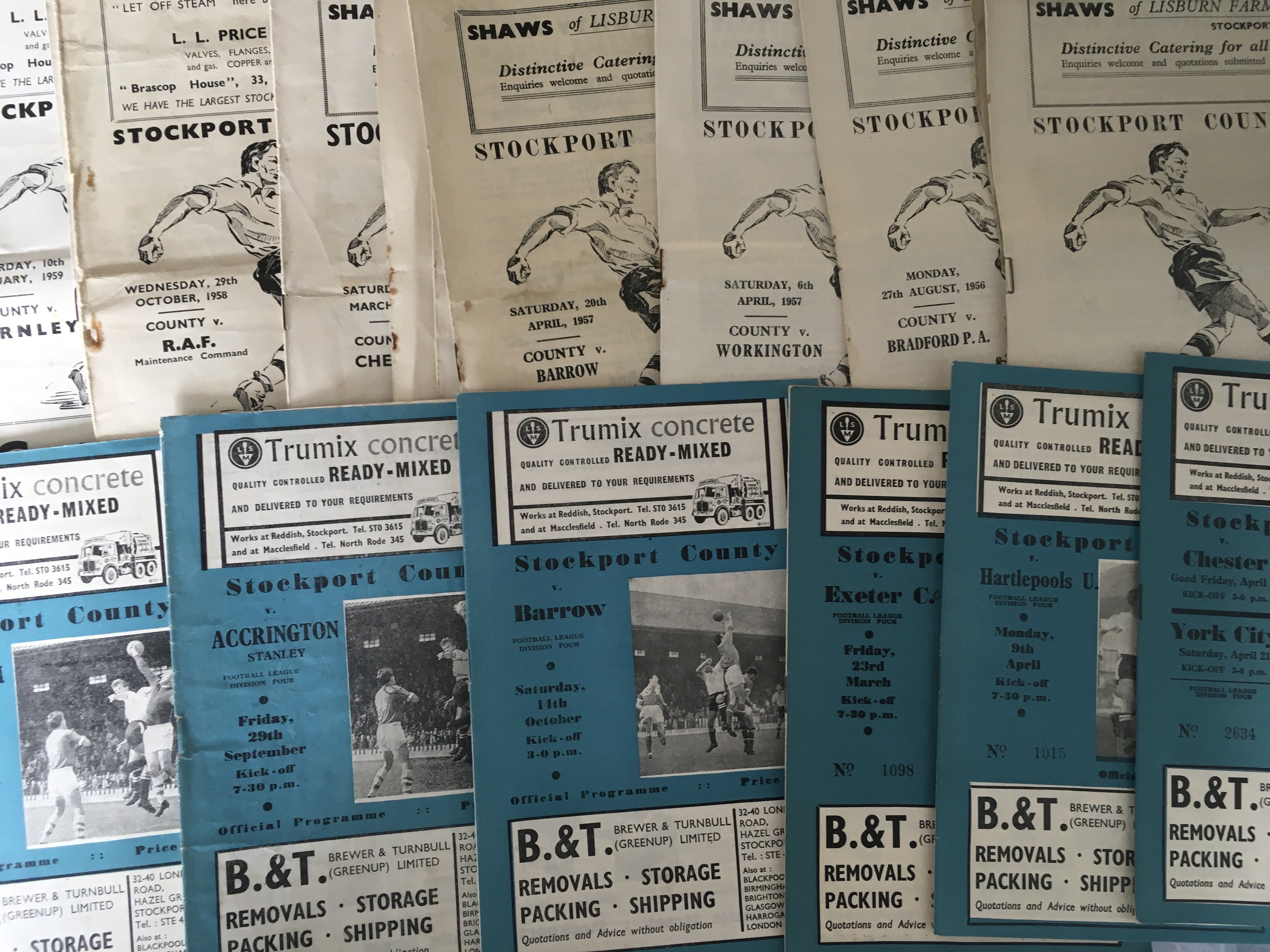 Stockport County Home Football Programmes: 27 from the mid to late 50s and approximately 150 from the 60s and 80 from the early 70s. There are complete or near complete sets for 64/65 65/66 67/68 68/69 + 69/70. Instructions to sell. Very good. (est 250+)