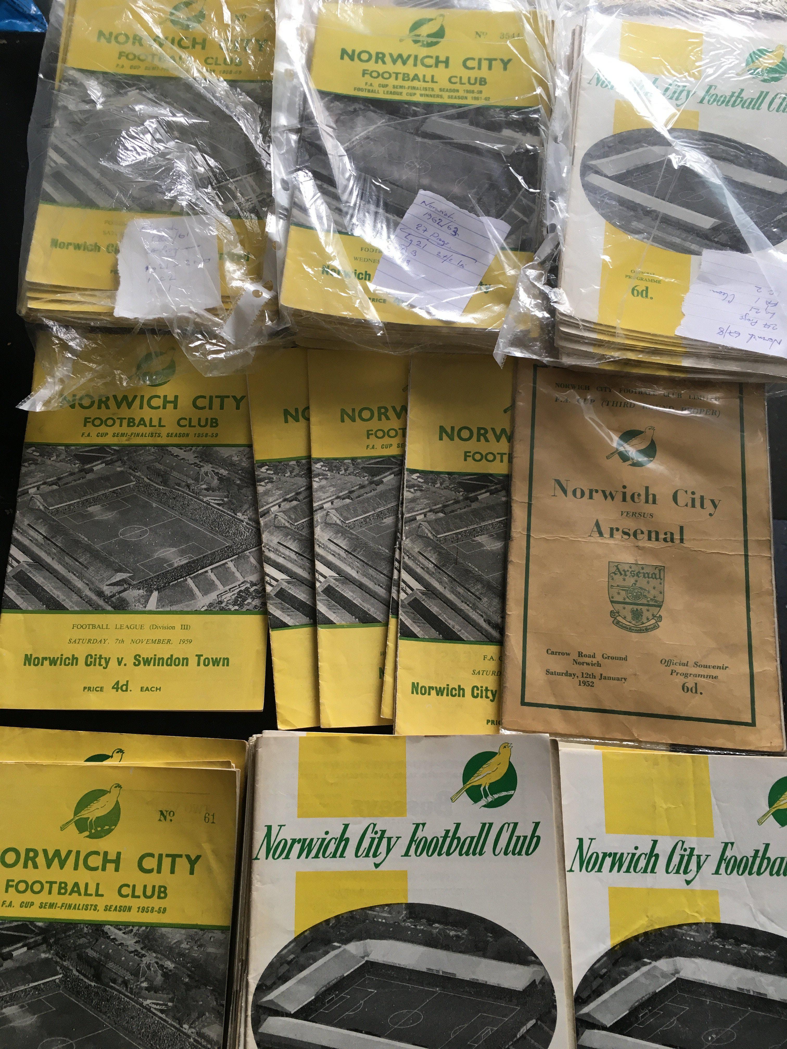 Norwich City Home Football Programmes: 6 from the 50s and approximately 140 from the 60s and 40 from the early 70s. 60/61 62/63 + 67/68 are complete of all league matches plus a few cups. Instructions to sell. Very good. (est 190+)