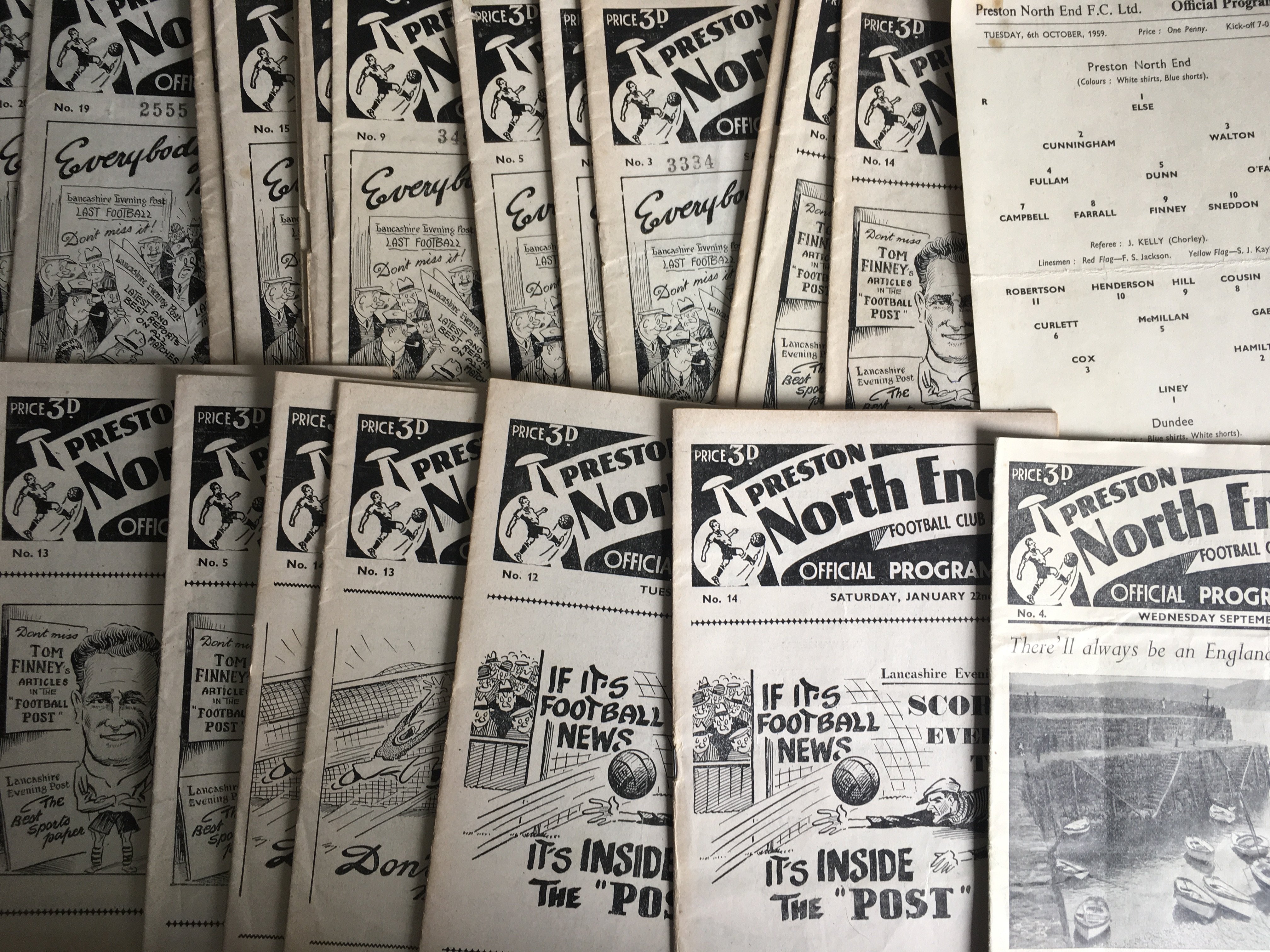 Preston Home Football Programmes: 22 from the 50s including single card 59/60 v Dundee and approximately 140 from the 60s and 30 from the early 70s. Instructions to sell. Very good. (est 190)
