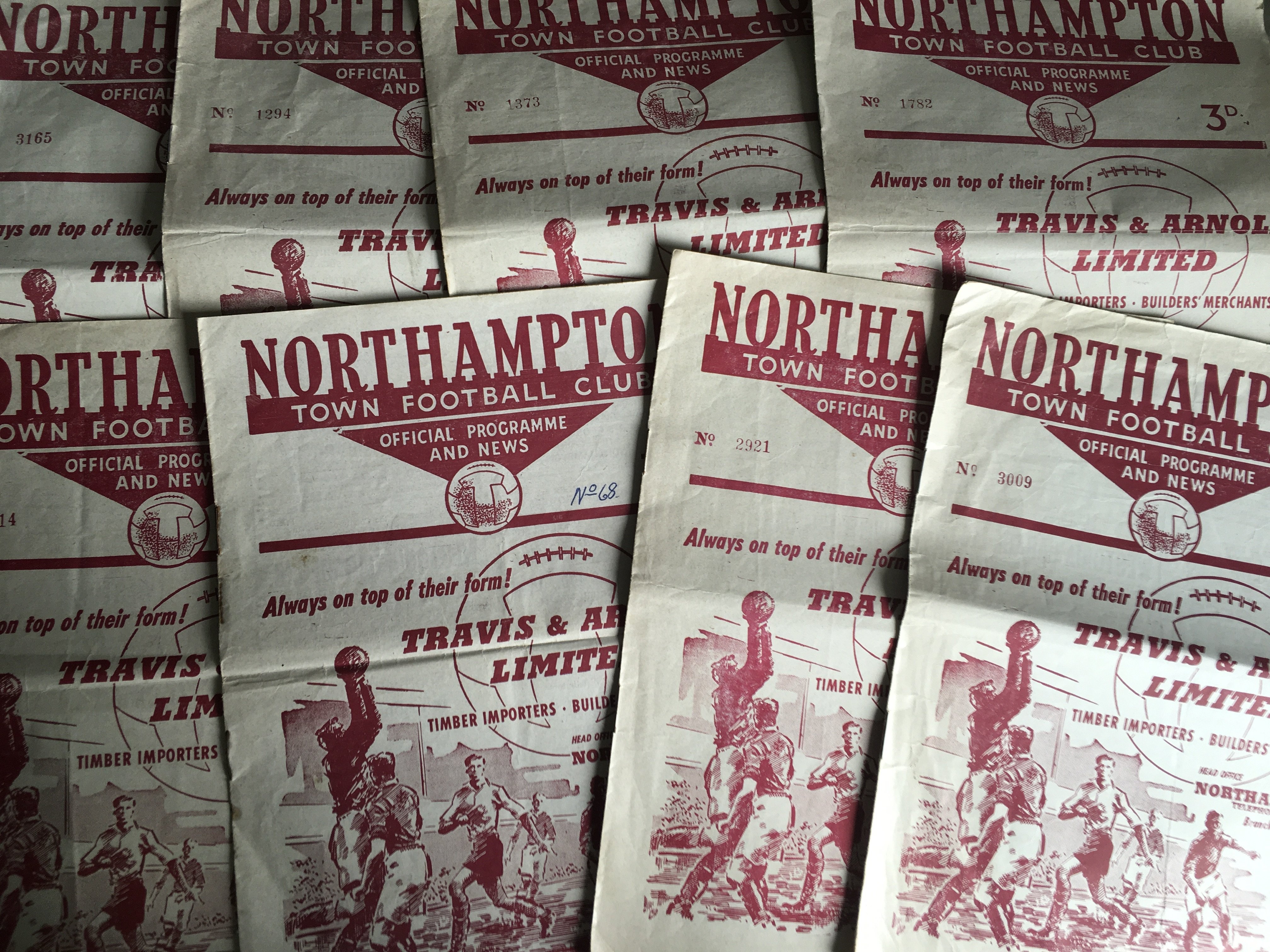 Northampton Town Home Football Programmes: 8 from the 50s and approximately 180 from the 60s. Includes near or complete sets from 65/66 (1st division) and 66/67. Instructions to sell. Very good. (est 200)