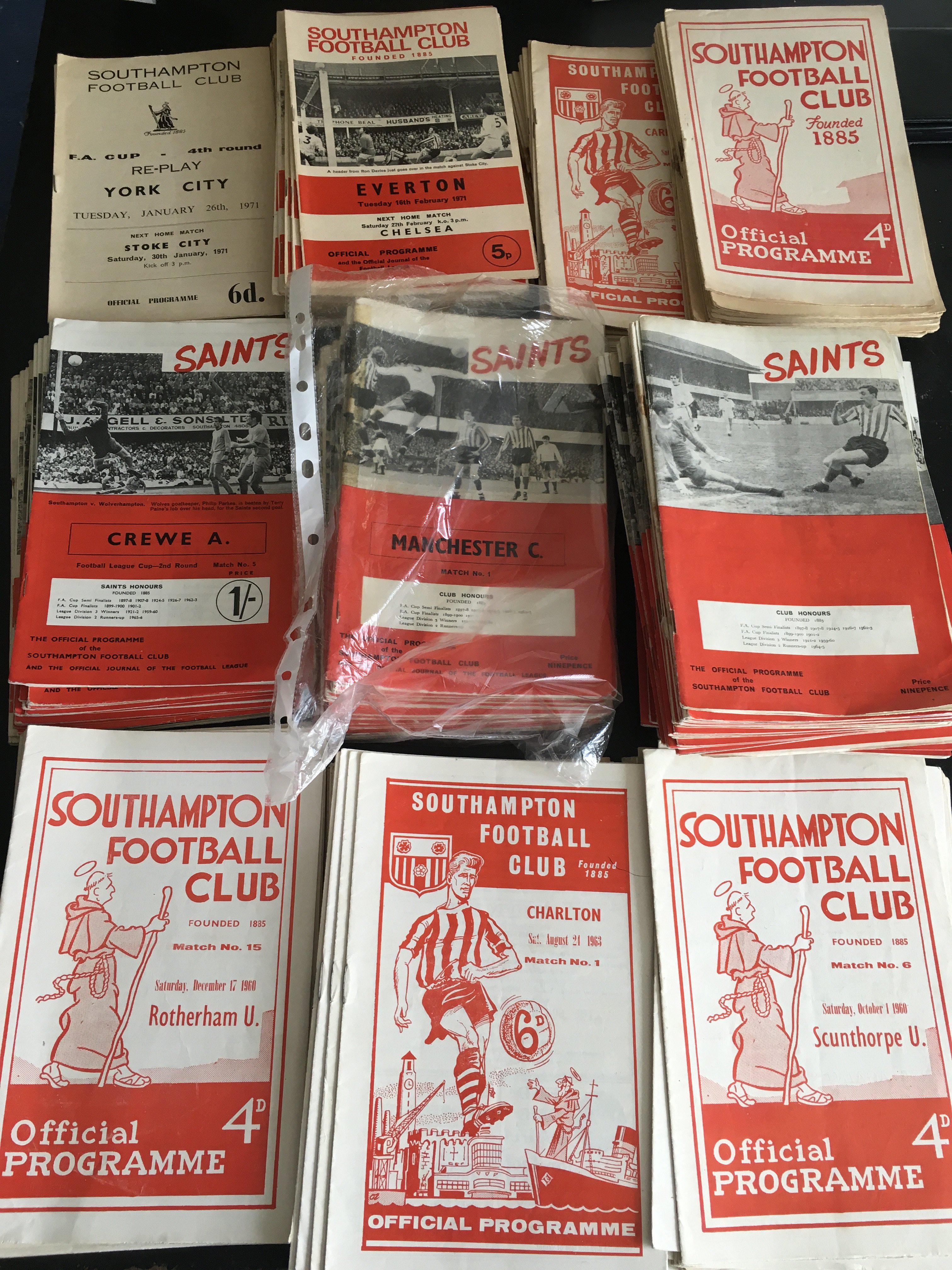 Southampton Home Football Programmes: 35 from mid to late 50s and approximately 180 from the 60s and 50 from the early 70s. Possible complete season of 67/68. Instructions to sell. Very good. (est 200+)