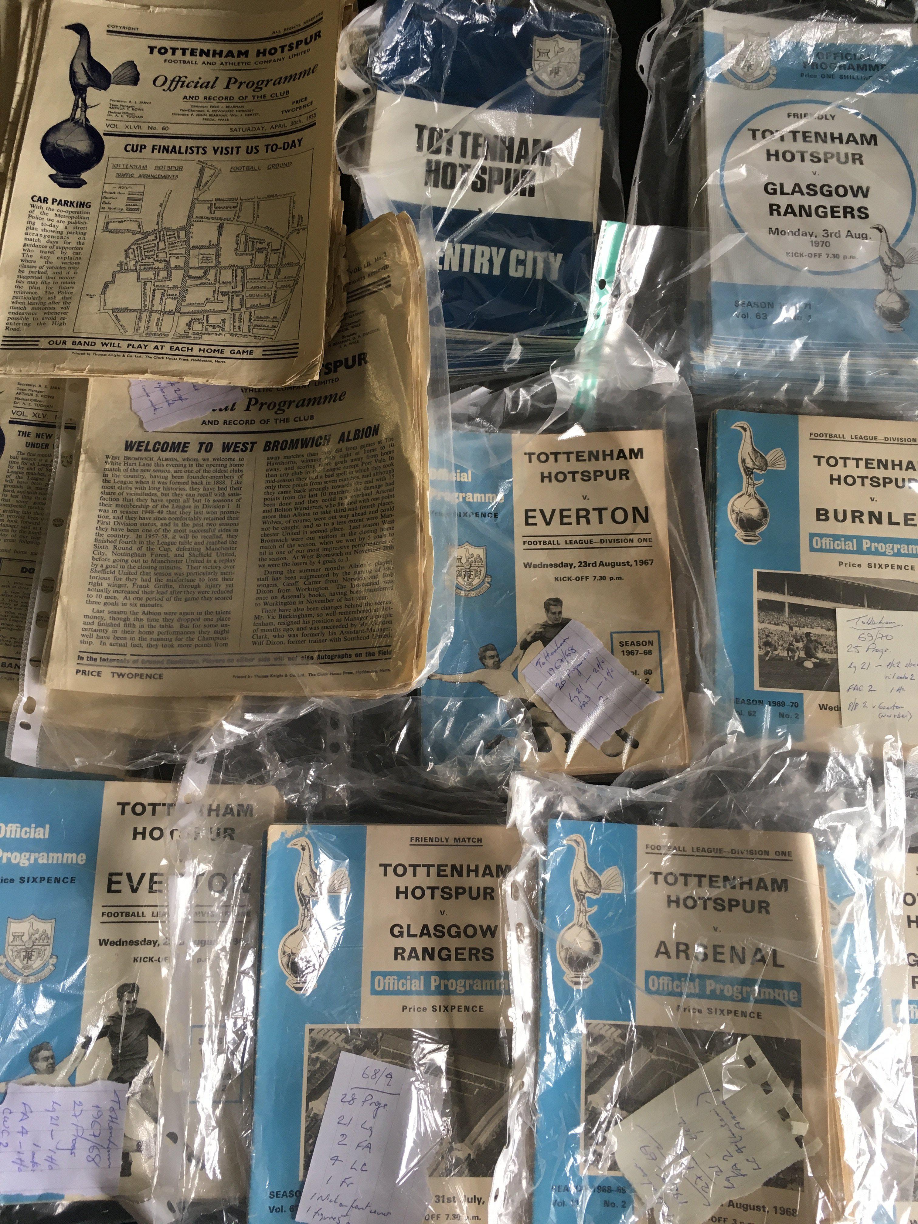 Tottenham Home Football Programmes: 50 from the 50s, 8 x 60/61, and approximately 180 more from the 60s and 50 from the early 70s. 52/53 x 18, 59/60 x 23, Instructions to sell. Very good except 50s which are mixed conditions. (est 280+)