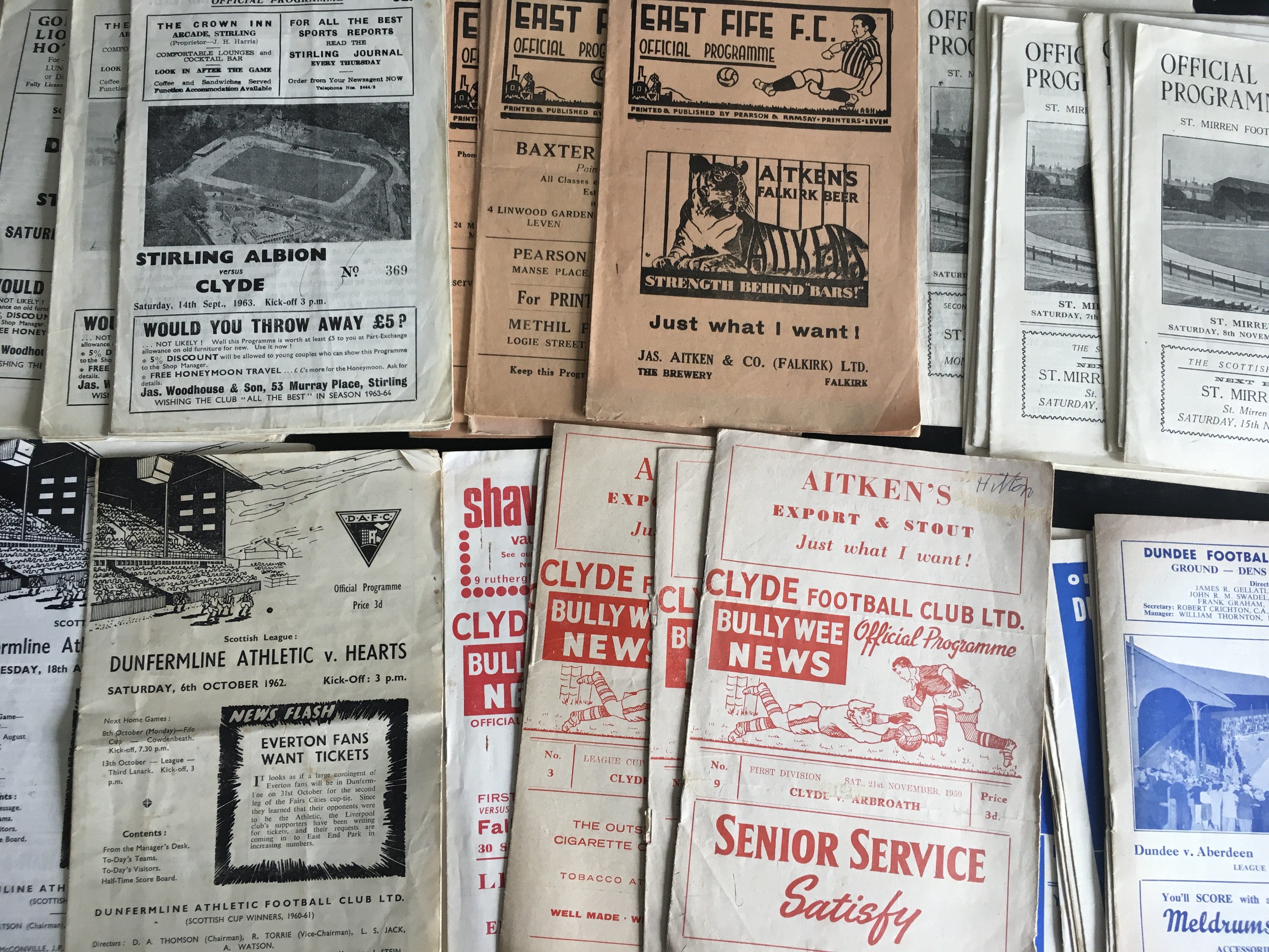 1960s Scottish Football Programmes: Includes home programmes from St Mirren, East Fife, Stirling, Dunfermline, Rangers, Hearts and Hibernian. Late 50s and early 70s included. Very good condition with instructions to sell. (300+)