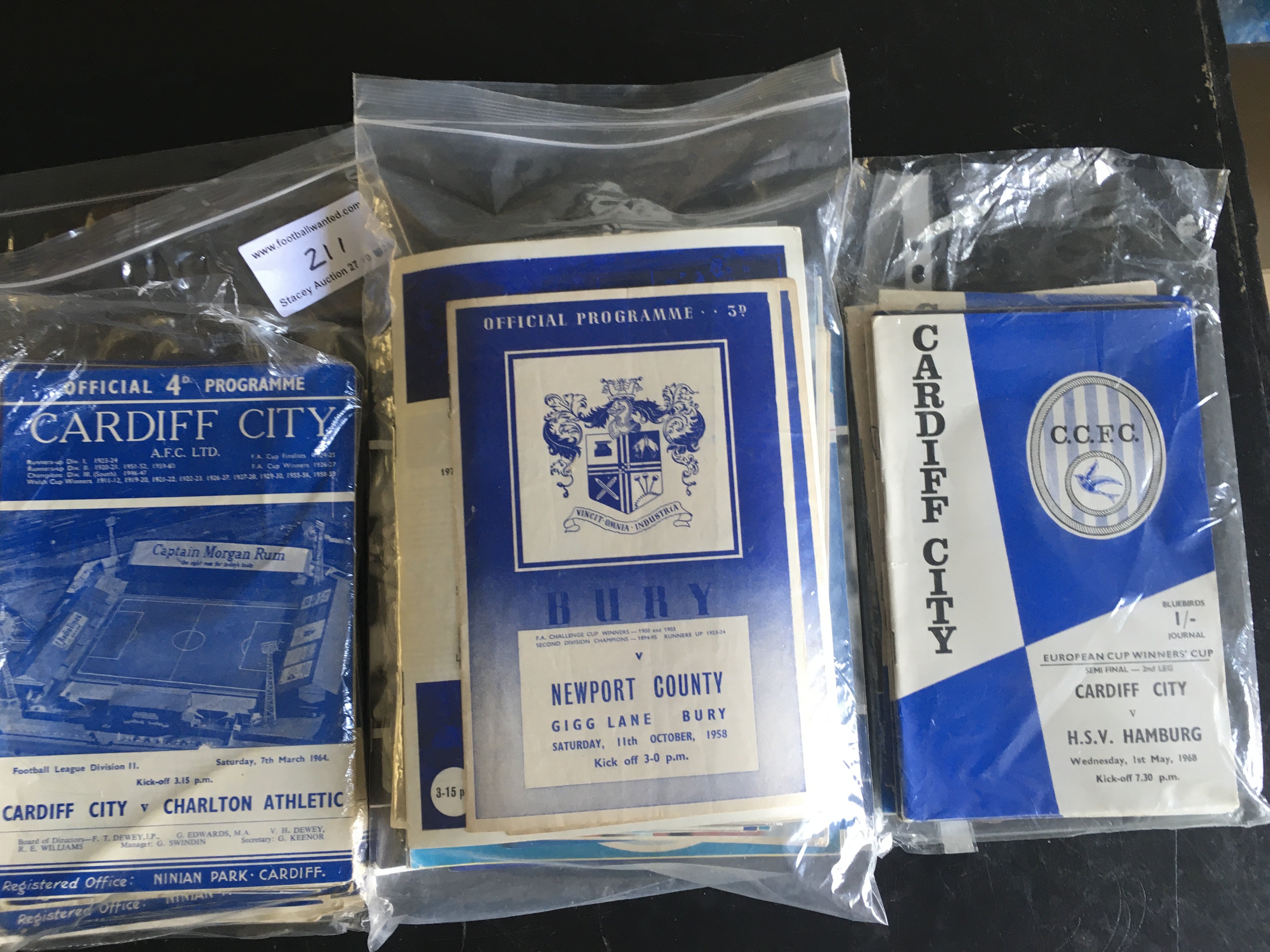 Bury + Cardiff City Football Programme Collection: Bury collection has 3 x 1950s, 37 x 1960s and 19 x 1970s onwards. Includes 58/59 Accrington, 61/62 Hull City League Cup. Mainly good. Cardiff City collection has 30 x 1950s often early 50s, 37 x 1960s to Include 54/55 West Brom, 67/68 Hamburg and Torpedo Moscow in the ECWC. No duplication (133)