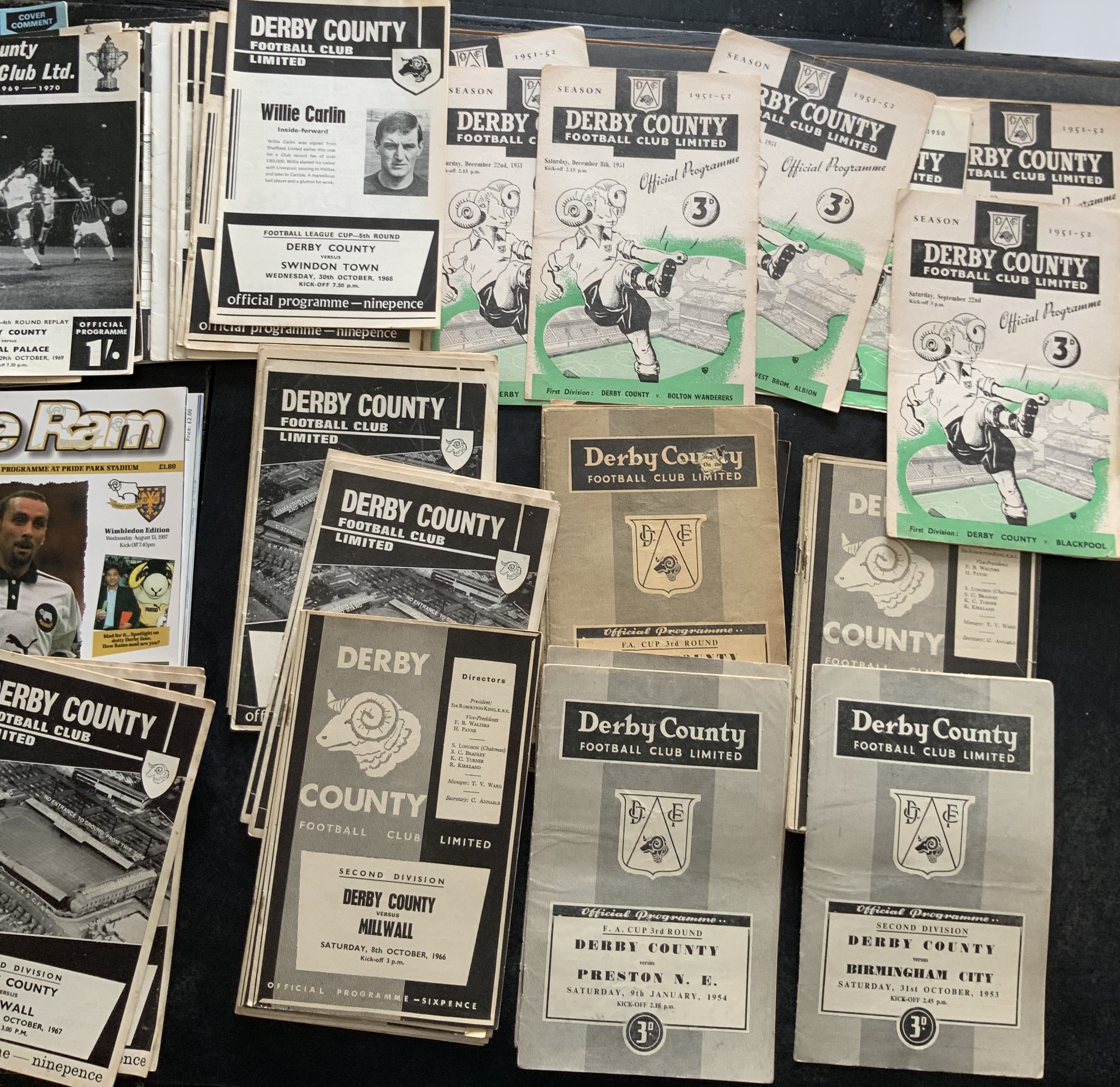 Derby County + Doncaster Rovers Football Programme Collection: Derby collection includes 49/50 Sunderland, 17 x 1950s, 37 x 1960s. Includes 51/52 Man City, Blackpool, West Brom, Bolton, Aston Villa and Preston, 1997/8 Wimbledon which is the 1st game at Pride Park and 1998/9 v Manchester Utd (treble season). Fair with no duplication. Doncaster has 8 x 1950s, 34 x 1960s and includes 56/57 West Ham, 60/61 + 61/62 Accrington (last season), several County Cup and friendly issues noted plus 71/72 Barrow (last season). Good with no duplication. (126)
