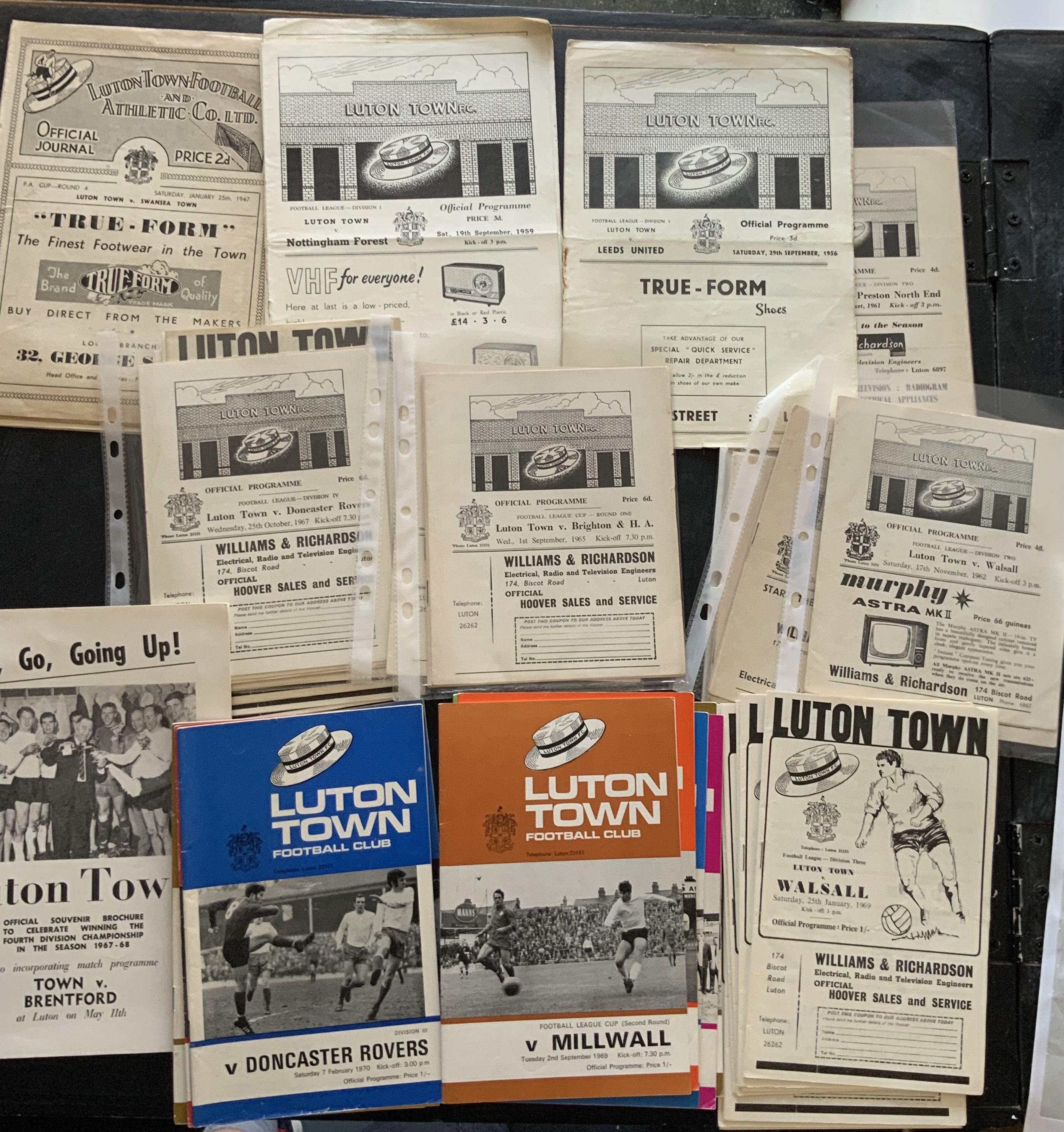 Leeds Utd Leicester City + Luton Football Programmes: Leeds has 35 x 1960s and 70 after that to include at least eight European matches as well. Leicester has 7 x 1950s, 53 x 1960s and includes 6 x Man Utd, 59/60 Burnley (Champions). Luton has 12 x 1950s, 57 x 1960s and includes 46/47 Swansea FAC, 47/48 Millwall, 1968/9 Watford December (postponed) plus Brentford Promotion Special Issue. Mainly good with no duplication. (274)