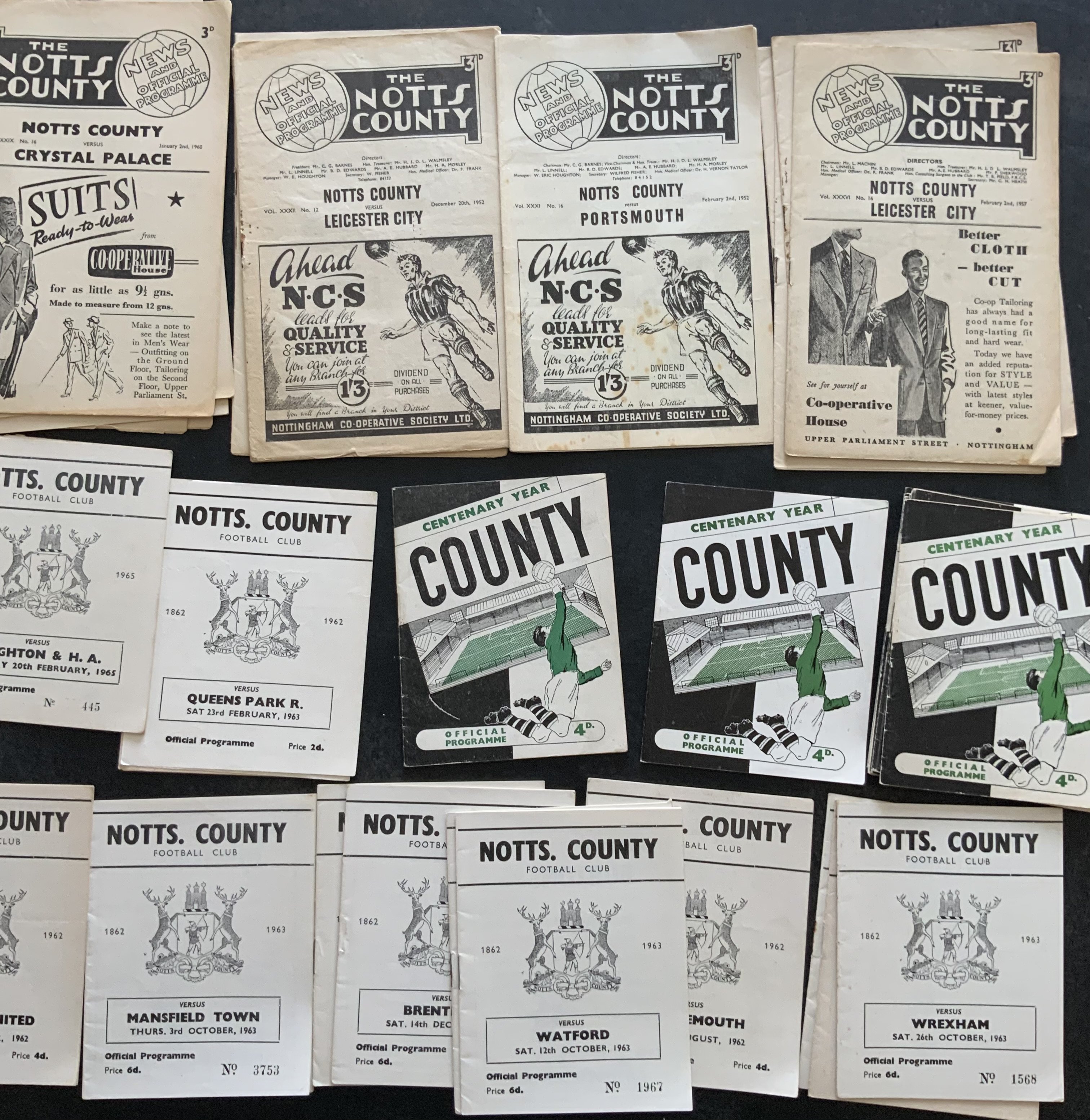 Notts County Leyton Orient + Peterborough United Football Programmes: Notts County has 10 x 1950s, 55 x 1960s and includes 51/52 Portsmouth and some newspaper issues from the 1970's. Leyton Orient has 8 x 1950s, 35 x 1960s and includes 53/54 Ipswich, 64/65 Barnsley League Cup 4 page issue. Peterborough has 58/59 Fulham FAC, 25 x 1960s and 20 x 1970s onwards and includes 1960/1 Aston Villa FAC, Corby Town Northants Senior Cup, 64/65 St Mirren Friendly and 2005/6 versus Manchester Utd which has Barry Fry auto to cover. Good with no duplication. (183)