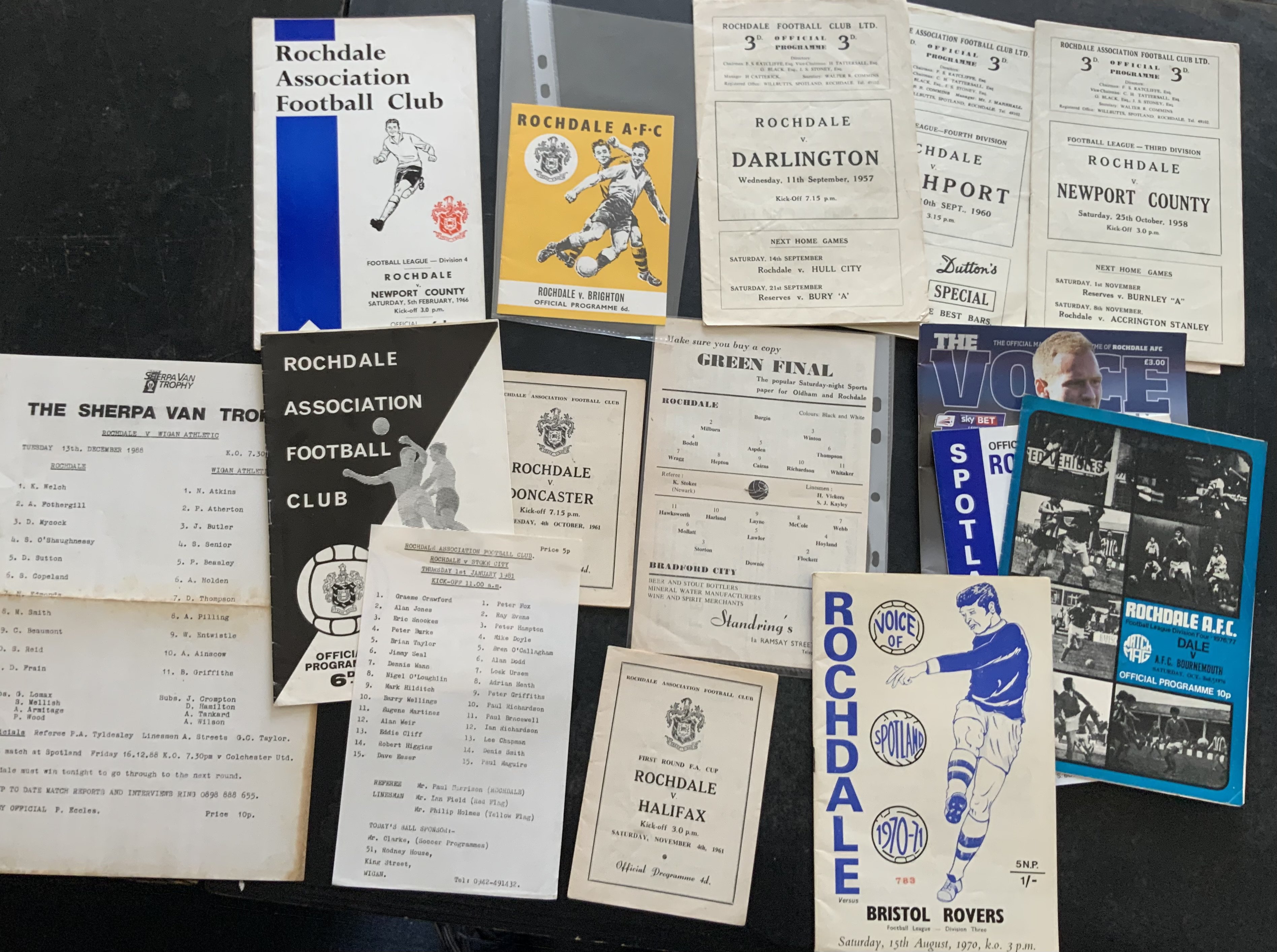 Rochdale + Scunthorpe United Football Programmes: Rochdale is a small collection and includes 57/58 Darlington, 58/59 Newport, 60/61 Accrington, 61/62 York League Cup and 80/81 Stoke Friendly single sheet issue. Scunthorpe has 10 x 1950s, 47 x 1960s and 38 mostly early 1970's. Includes 58/59 Grimsby Lincs Senior Cup, 61/62 Grimsby Jubilee Issue and 1965/6 Leeds Friendly. Few have faults but mainly good. 113)
