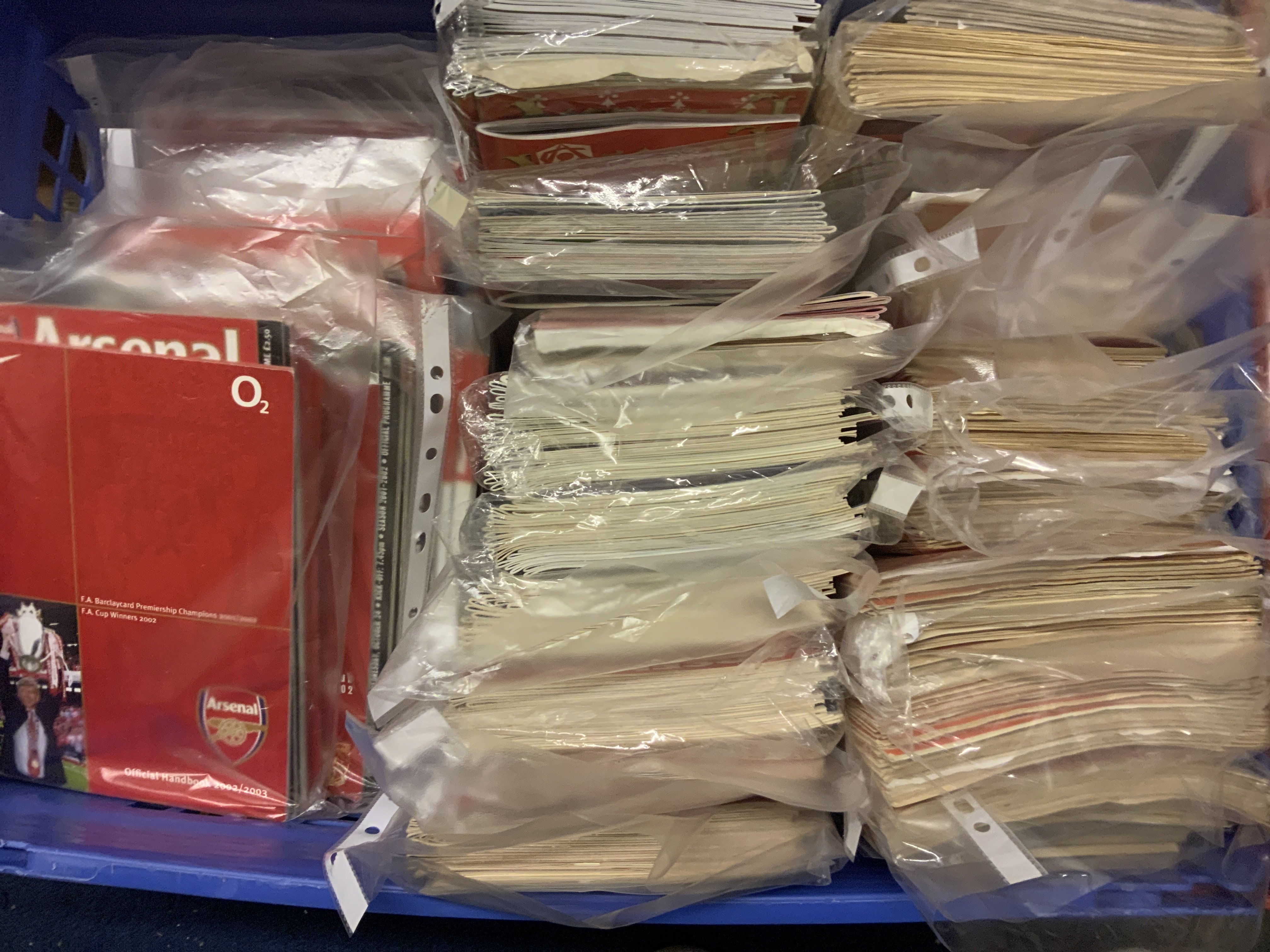 Arsenal Home Football Programme Collection: 46/47 x 22 in excellent condition which includes Chelsea fuel emergency Issue, Manchester Utd, Liverpool, Leicester friendly and only missing Leeds for all league matches. Other 1940s x 39, 1950s x 158, 1960s x 168 and a quantity of more modern with big match issues European, Last game at Highbury etc. C/W an excellent incomplete run of handbooks from 48/49 to 2012/13. (800+)