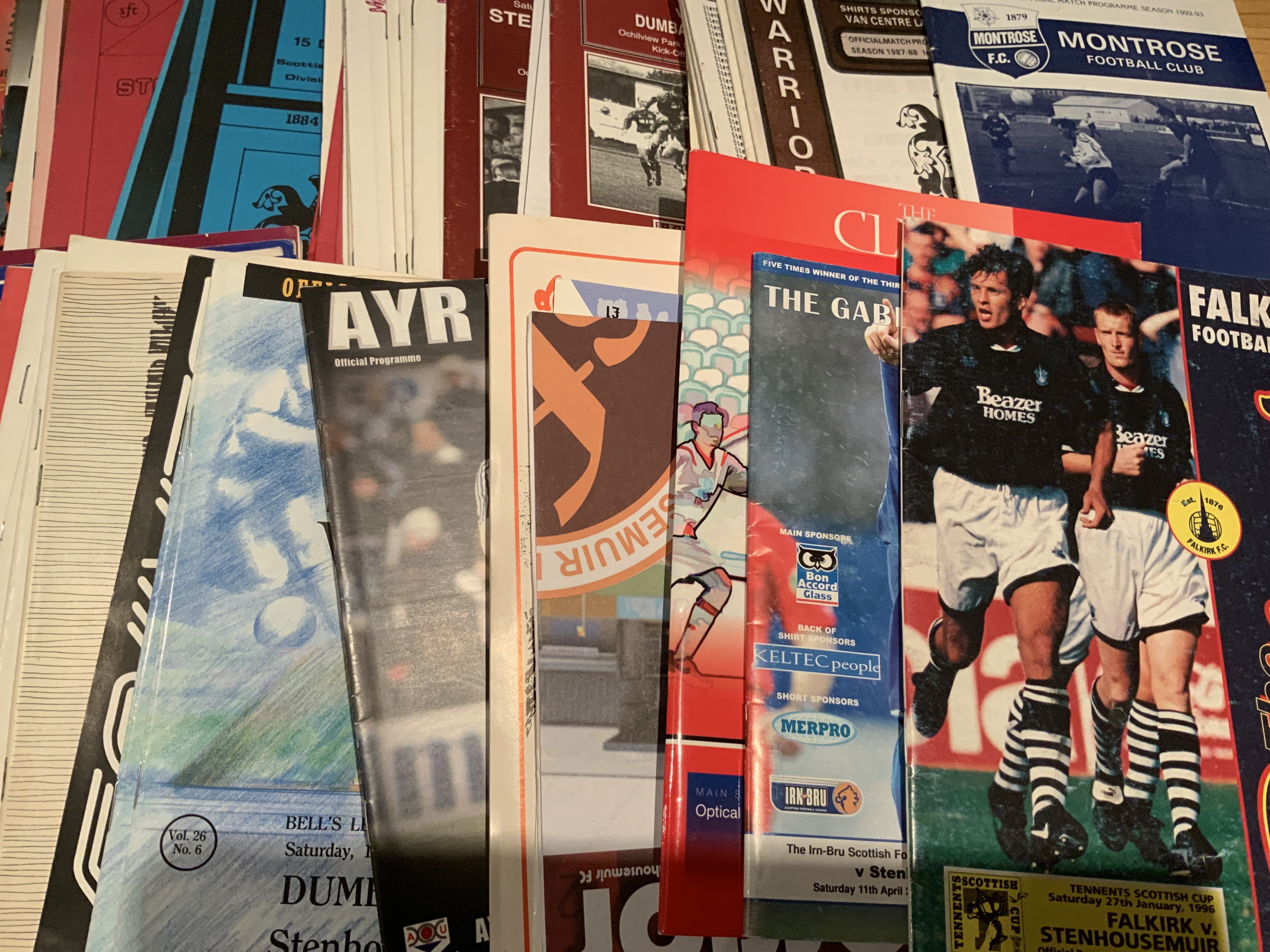 Stenhousemuir Football Programmes: Mainly from the 80s onwards in very good condition. Few earlier include 58/59 Greenock Morton + 62/63 Hamilton both away and some 70s at Cowdenbeath Queens Park and Raith. Instructions to sell. (80)