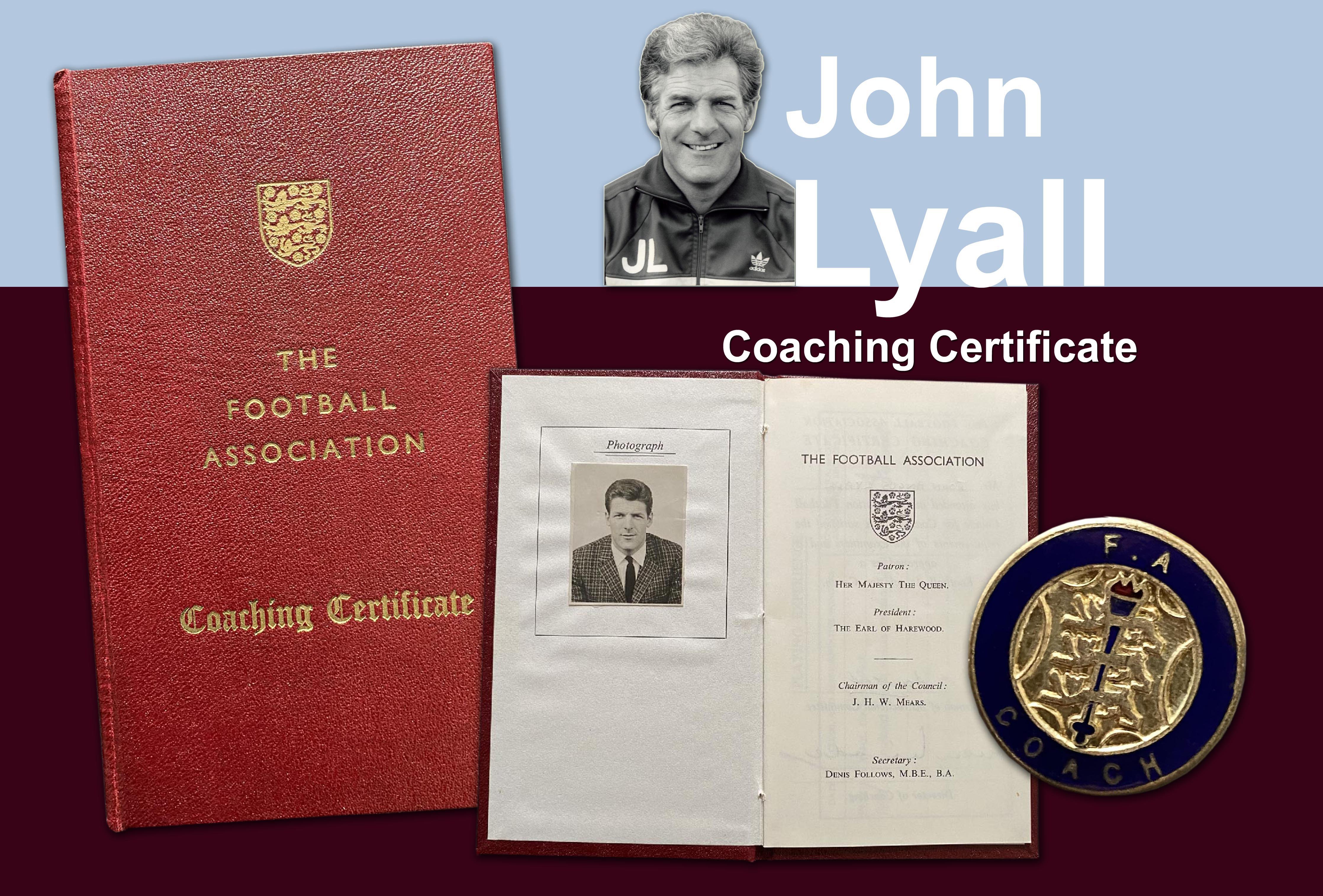 John Lyalls West Ham Football Coaching Memorabilia: 1962 letter from Stanley Rous stating Lyall was successful in four categories for his Preliminary Coaching Certificate and this lot comes with the certificate. 1967 letter from Denis Follows stating he was successful in his Full Coaching Award and a passport style certificate with photo plus a photo of participating coaches at Lilleshall. C/W a couple of enamel coaching pin badges and a set of FA Cufflinks plus Lyalls Acme Thunderer coaching whistle. Finally there is a 1986 FA Coaching License.