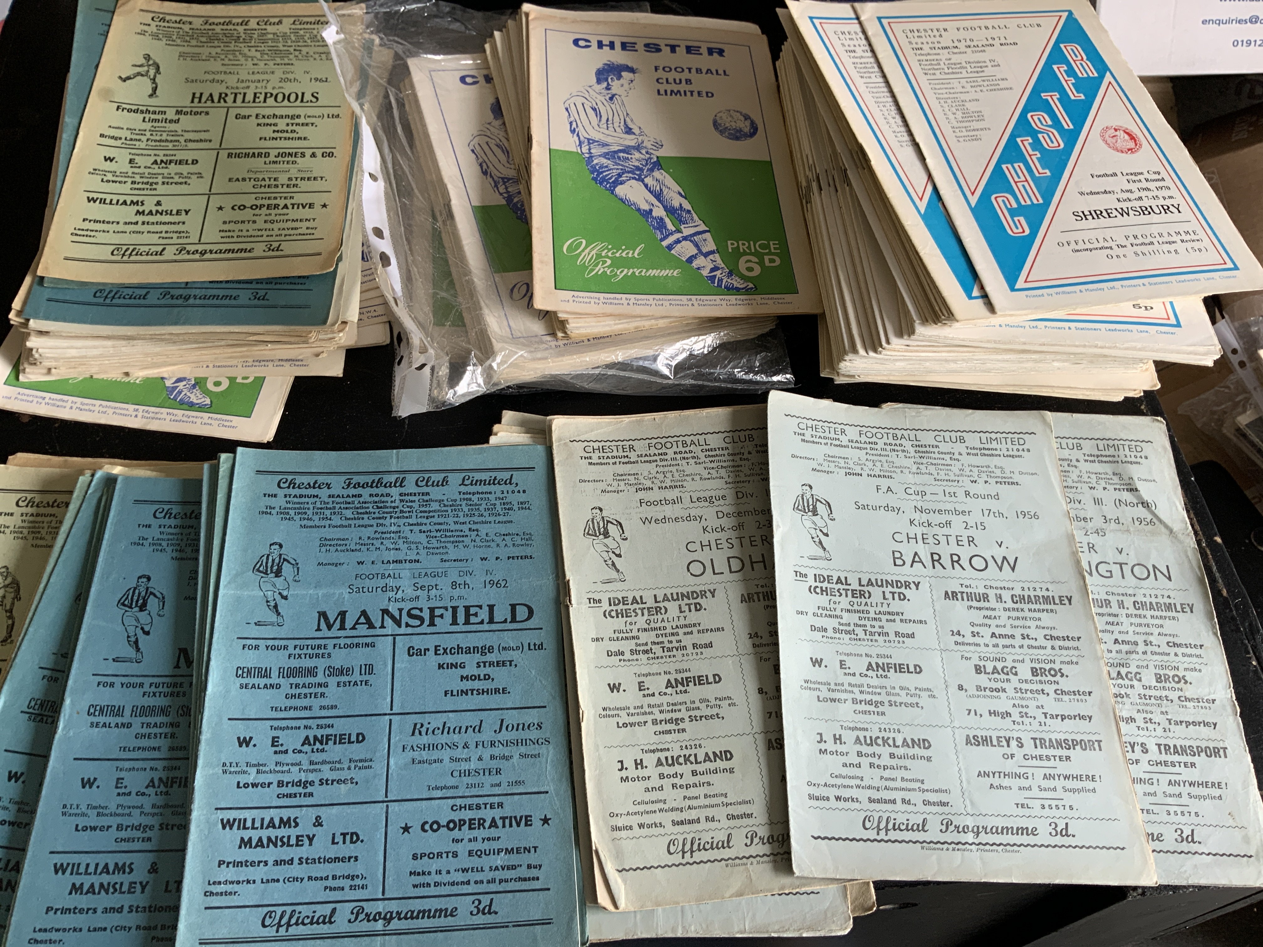 Chester Home Football Programmes: 11 from the 50s plus a further 100+ from the 60s which include 2 near complete sets. Also 100+ from the mid to late 70s. Instructions to sell. Very good. (est 230+)