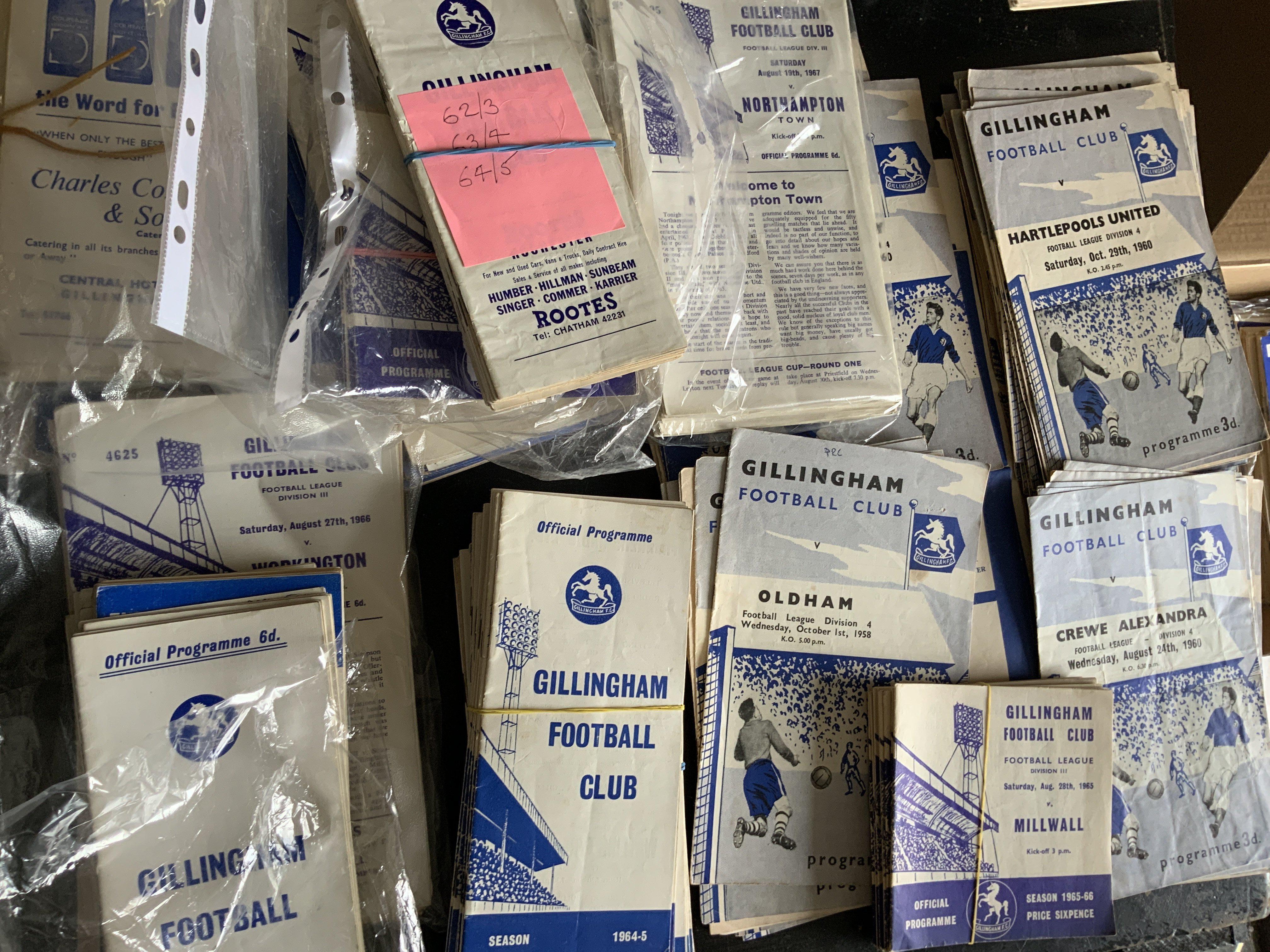 Gillingham Home Football Programmes: 12 from the 50s plus 6 complete or near complete sets from the 60s. In total around 250 from the 60s plus some early 70s. Instructions to sell. Very good. (est 300)