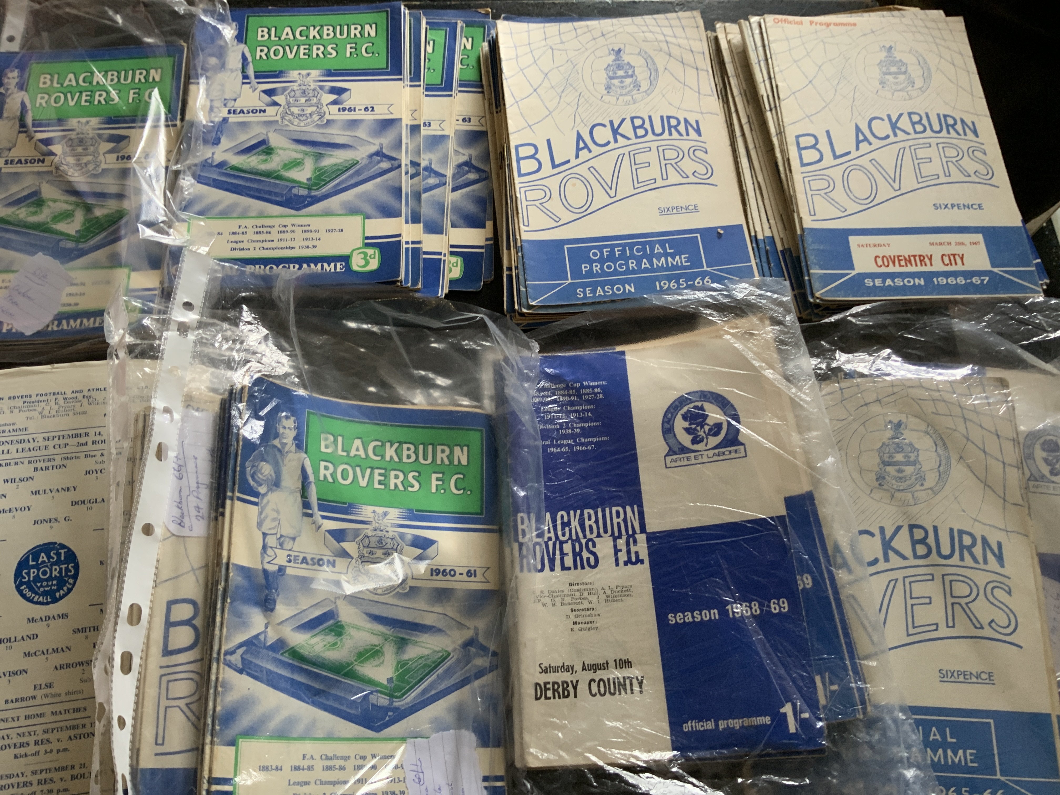 1960s Blackburn Rovers Home Football Programmes: 9 complete or near complete sets from the 60s. In total around 250 from the 60s plus some early 70s. Instructions to sell. Very good. (est 300)